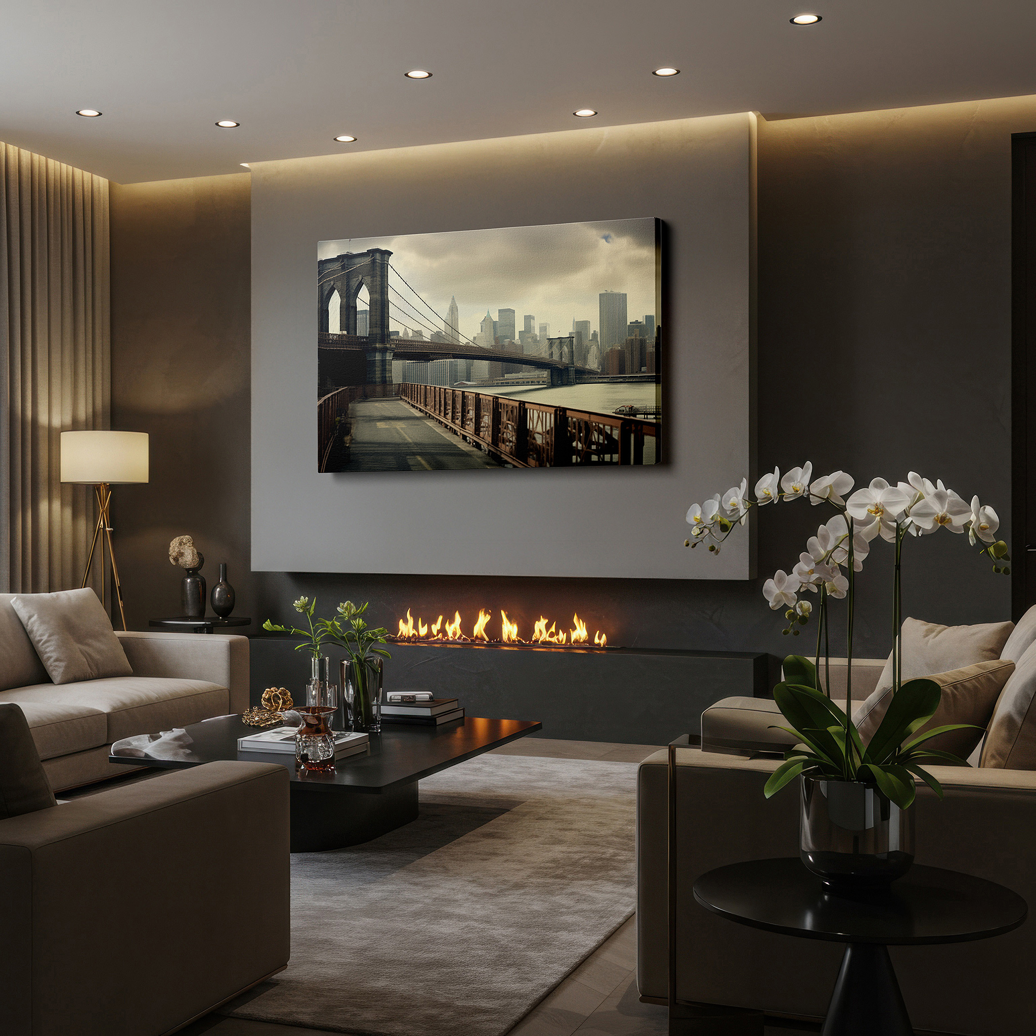 Set in a minimalist interior with textured walls and soft rugs — brooklyn bridge and nyc skyline wall art: celebrating engineering and urban spirit - large canvas art for office and bedroom decor