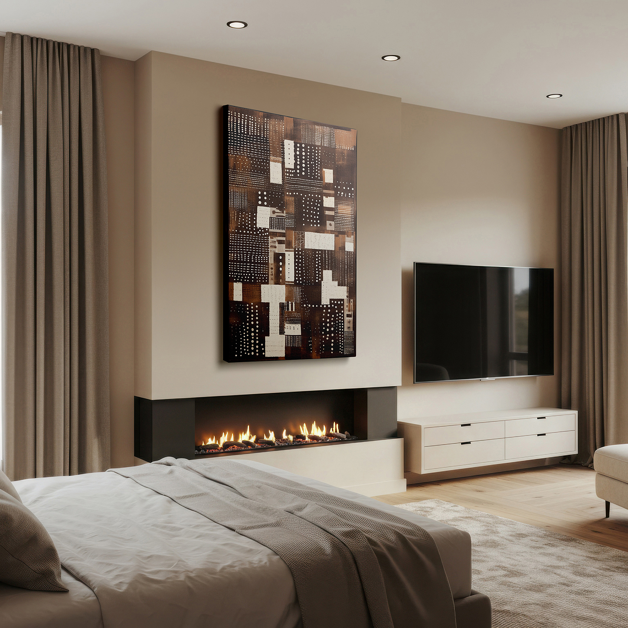 Set in a minimalist interior with textured walls and soft rugs — brown and white symphony: a dance of patterns and light - large canvas wall art for office and bedroom decor