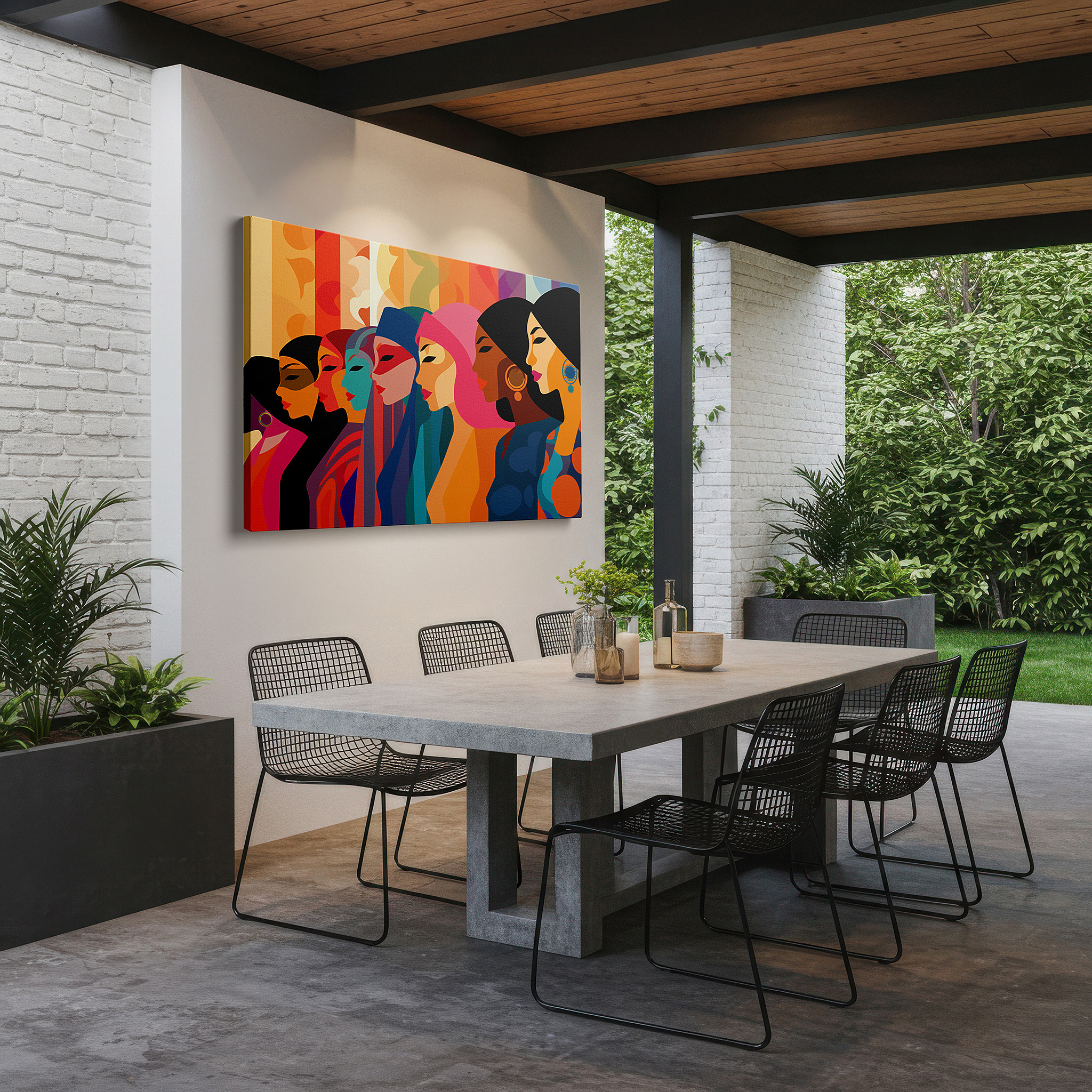 Set in a minimalist interior with textured walls and soft rugs — celebrating diversity with stylized women's portraits in a colorful tapestry of cultures - large wall art, canvas wall art