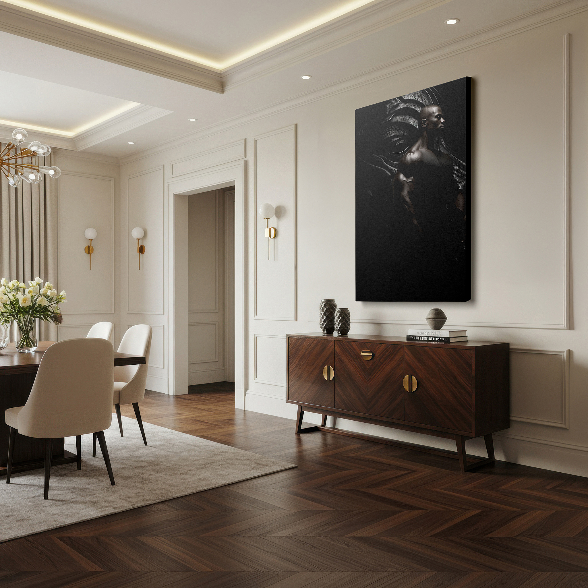 Set in a minimalist interior with textured walls and soft rugs — chiaroscuro muscular figure: a bold expression of strength and contemplation - large wall art, canvas wall art, wall decor for office and bedroom