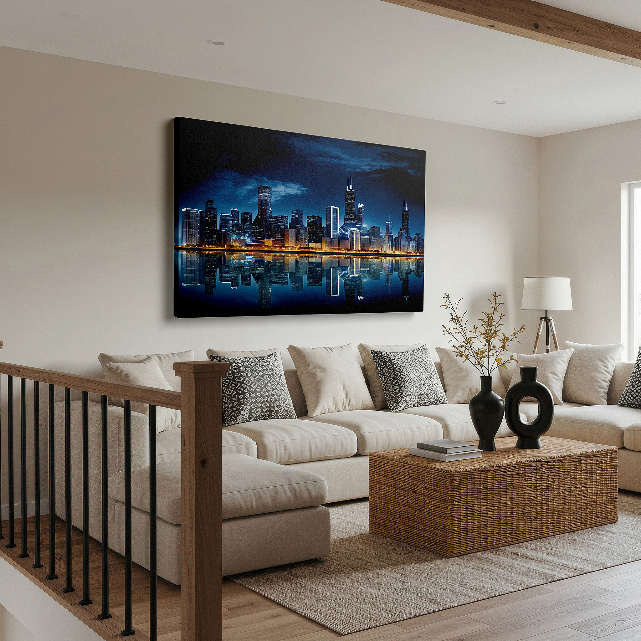 Set in a minimalist interior with textured walls and soft rugs — chicago skyline at night: light symphony and reflections - large wall art, canvas, decor for office and bedroom