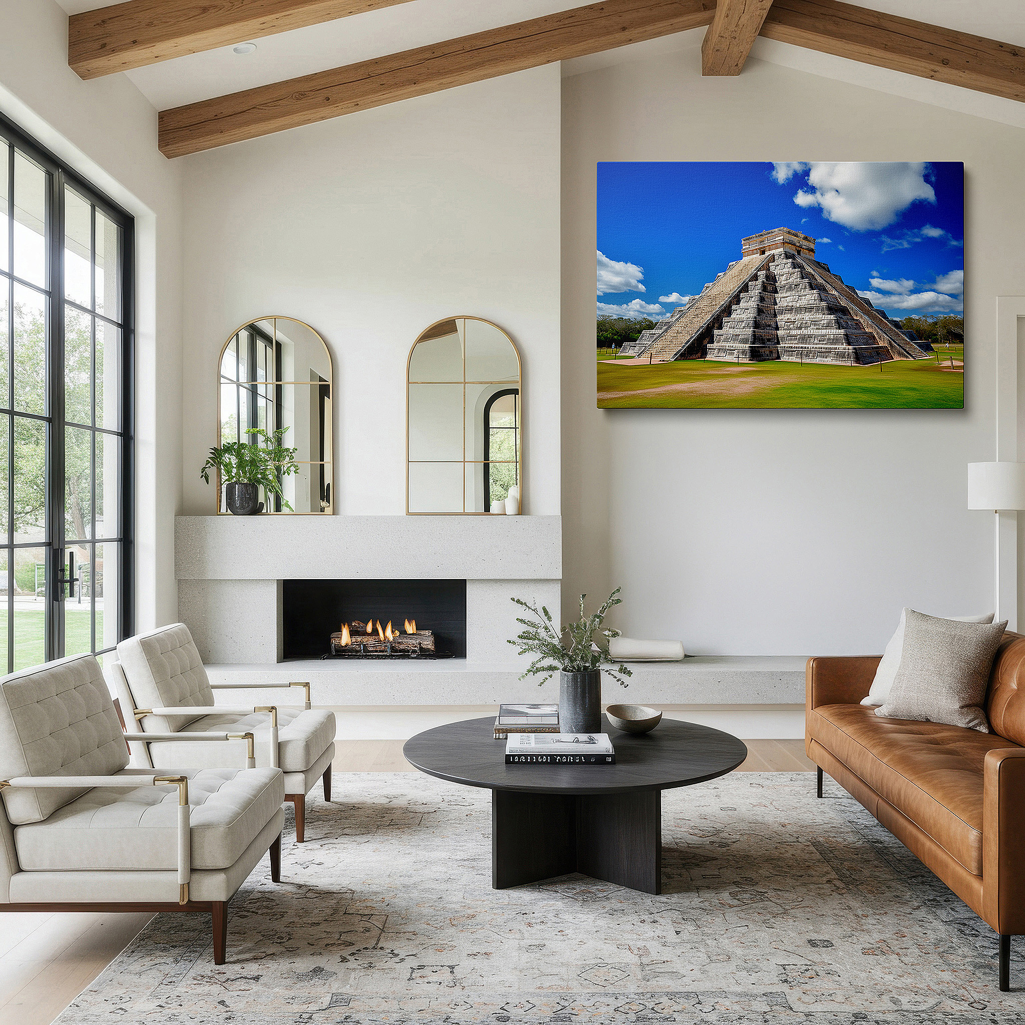 Set in a minimalist interior with textured walls and soft rugs — chichen itza majesty - a celebration of mayan ingenuity and the cycles of time - large wall art, canvas wall art, wall decor for office and bedroom