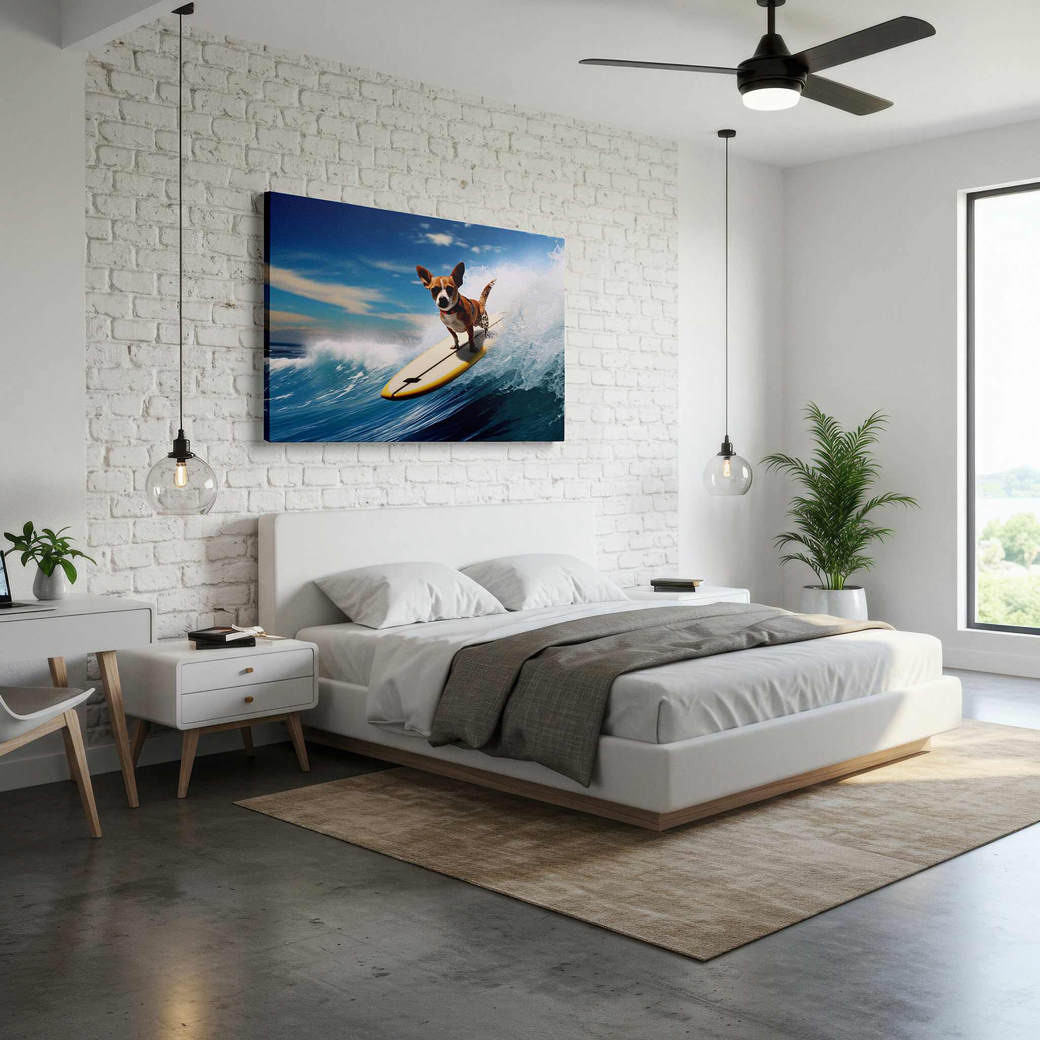 Set in a minimalist interior with textured walls and soft rugs — chihuahua surfing on a yellow board among blue waves - large canvas wall art for office, bedroom, and living room decor