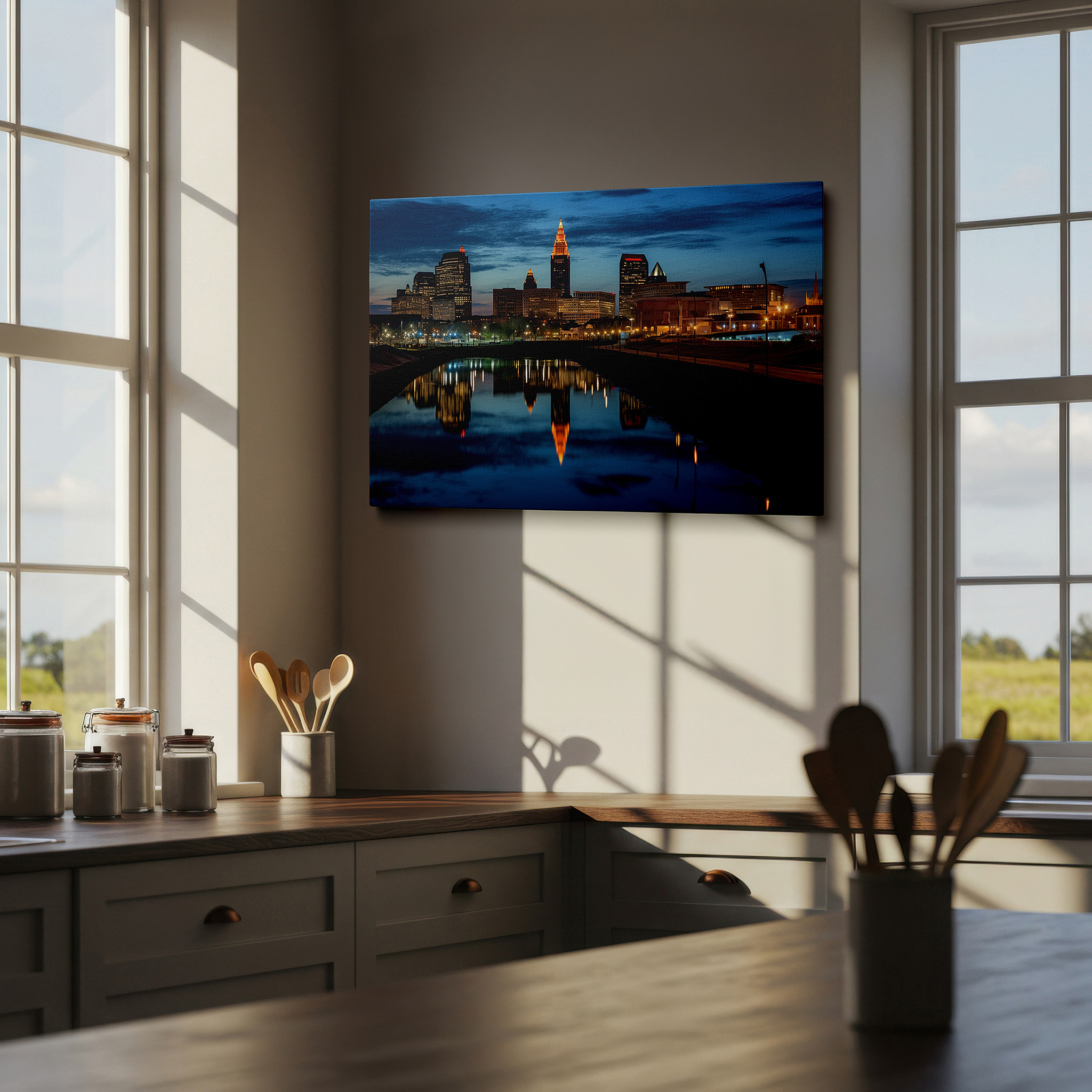 Set in a minimalist interior with textured walls and soft rugs — cleveland skyline at twilight: large wall art featuring city lights and tranquil waters - canvas wall art for office and home decor