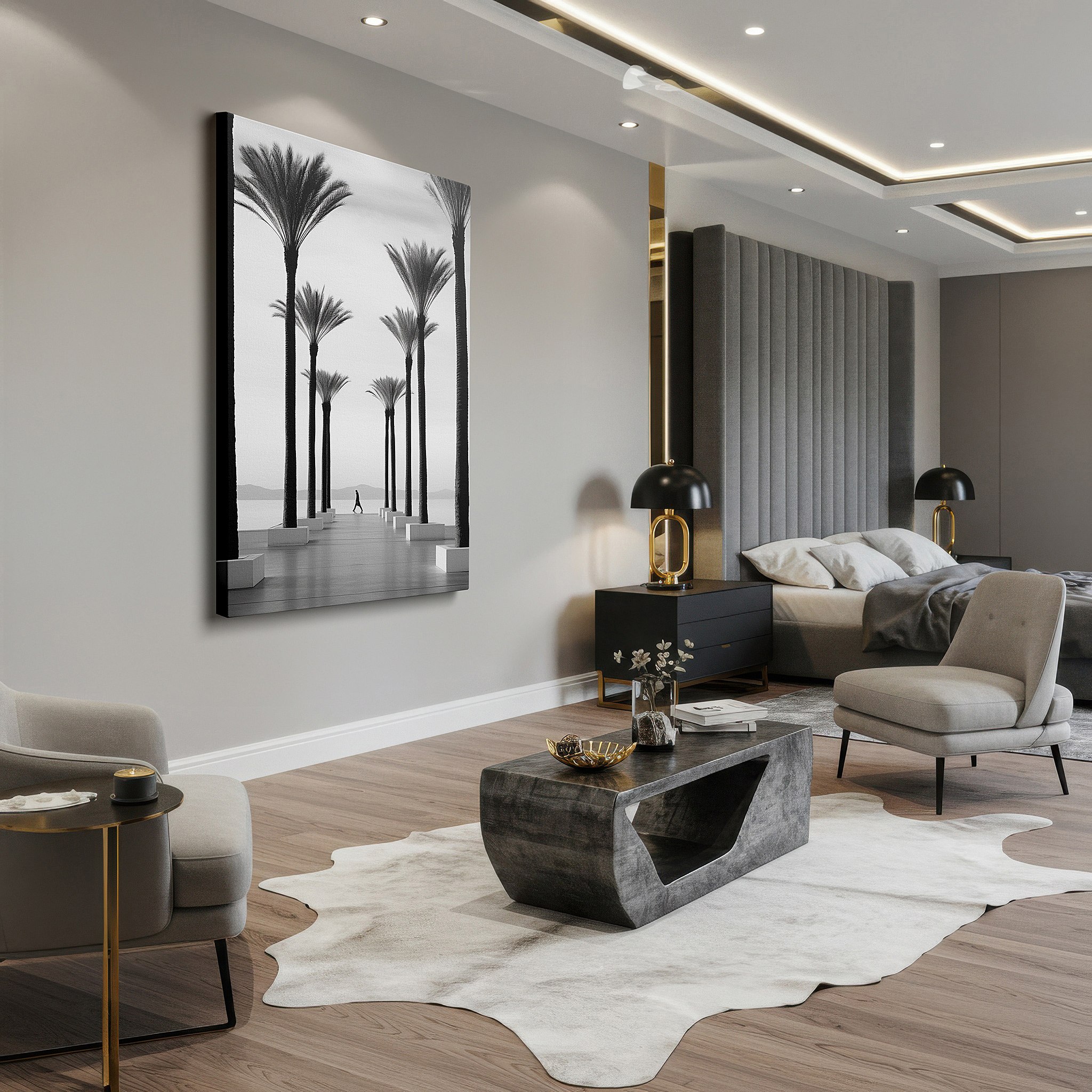 Set in a minimalist interior with textured walls and soft rugs — coastal pathway wall art: featuring a serene walkway, palm trees, a solitary figure, and a perfect sea-sky horizon - ideal for home or office decor, available as large canvas wall art
