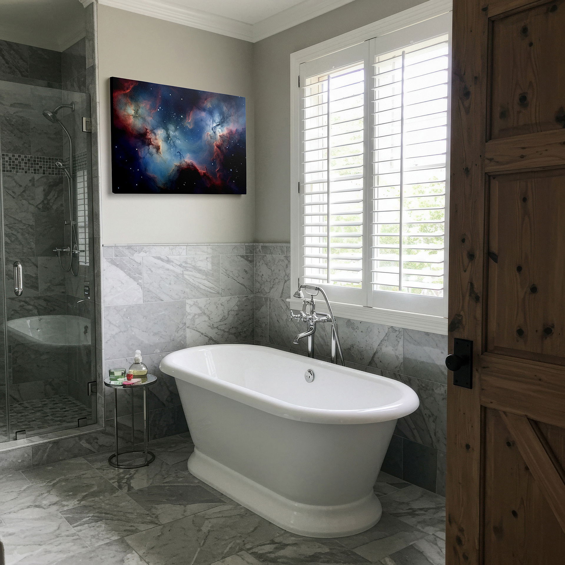 Set in a minimalist interior with textured walls and soft rugs — cosmic cloudscape wall art: explore the universe's