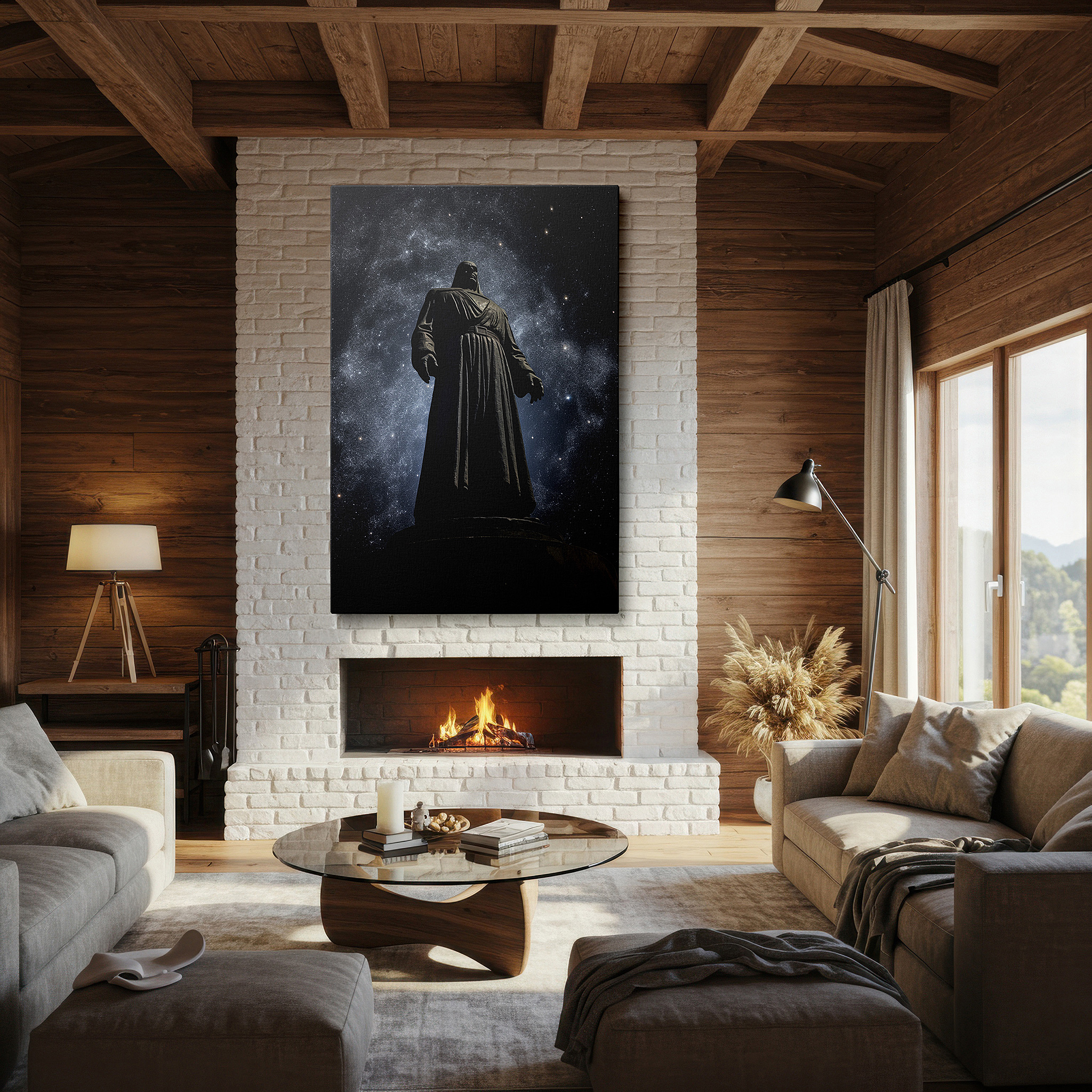 Set in a minimalist interior with textured walls and soft rugs — cosmic majesty: heroic figure in starry depths - large canvas wall art for office, bedroom, and living room decor