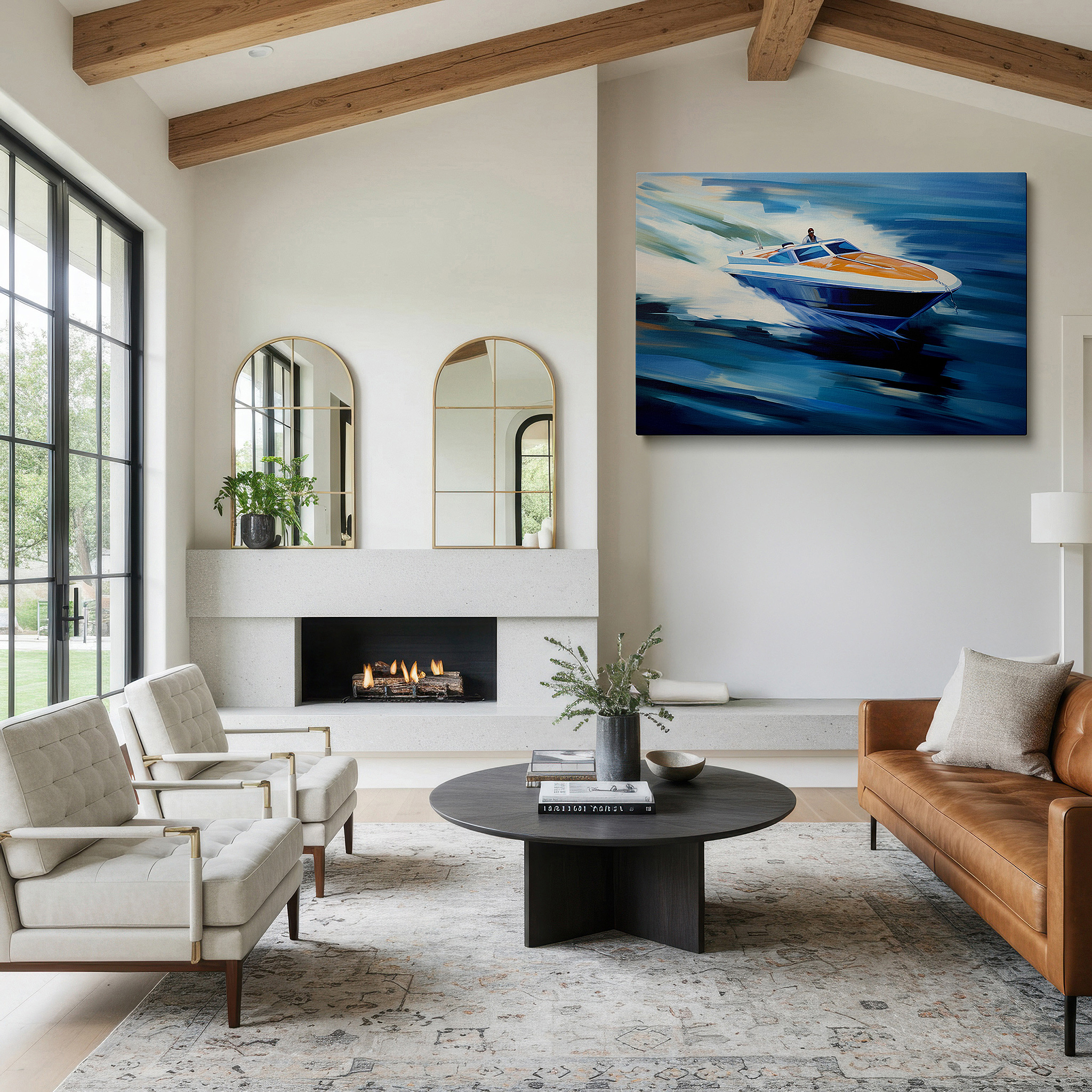 Set in a minimalist interior with textured walls and soft rugs — dynamic speed boat adventure on azure waves - nautical thrills and elegance wall art, large canvas decor for office