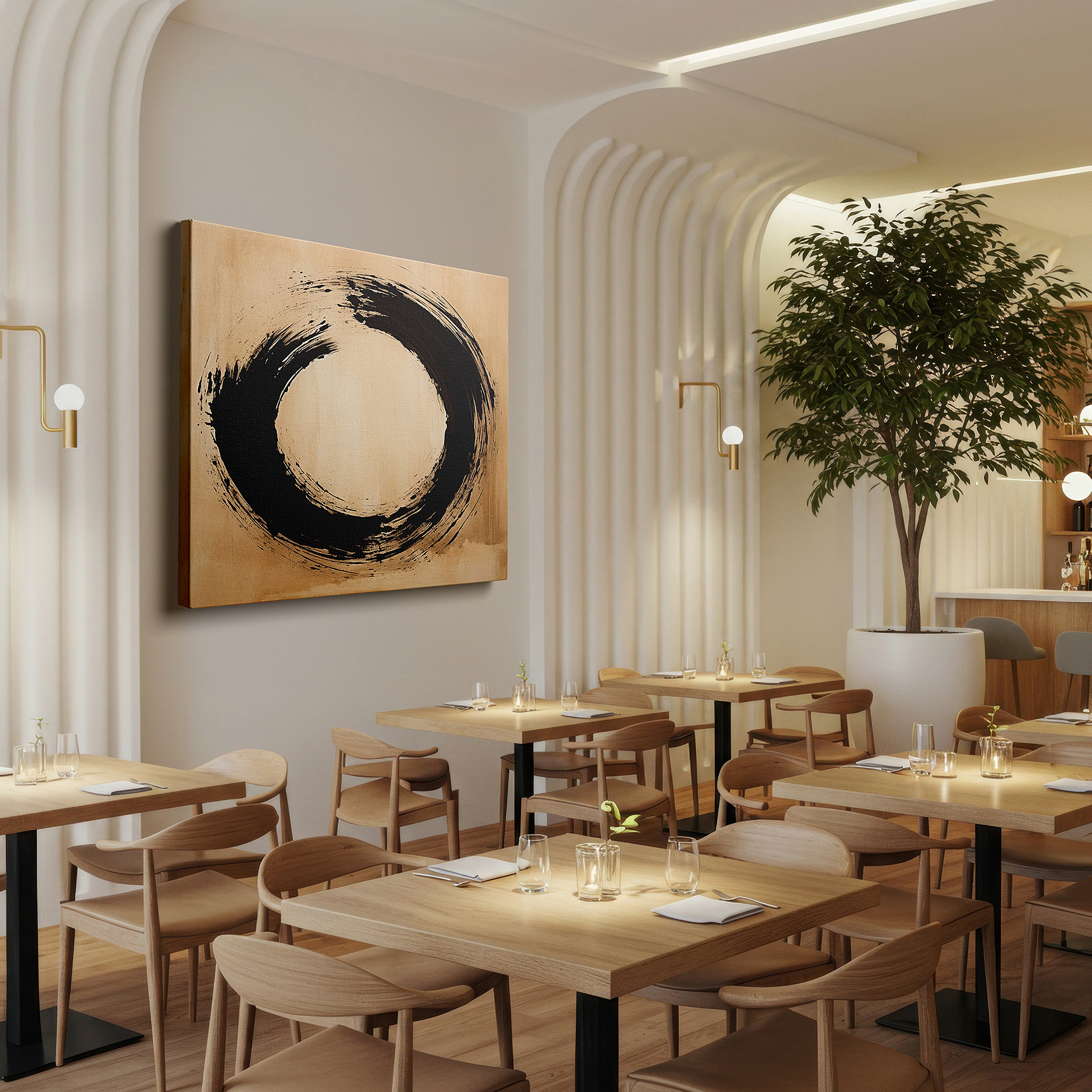 Set in a minimalist interior with textured walls and soft rugs — earthy tones zen circle of enlightenment and elegance large canvas wall art for office, bedroom, and living room decor