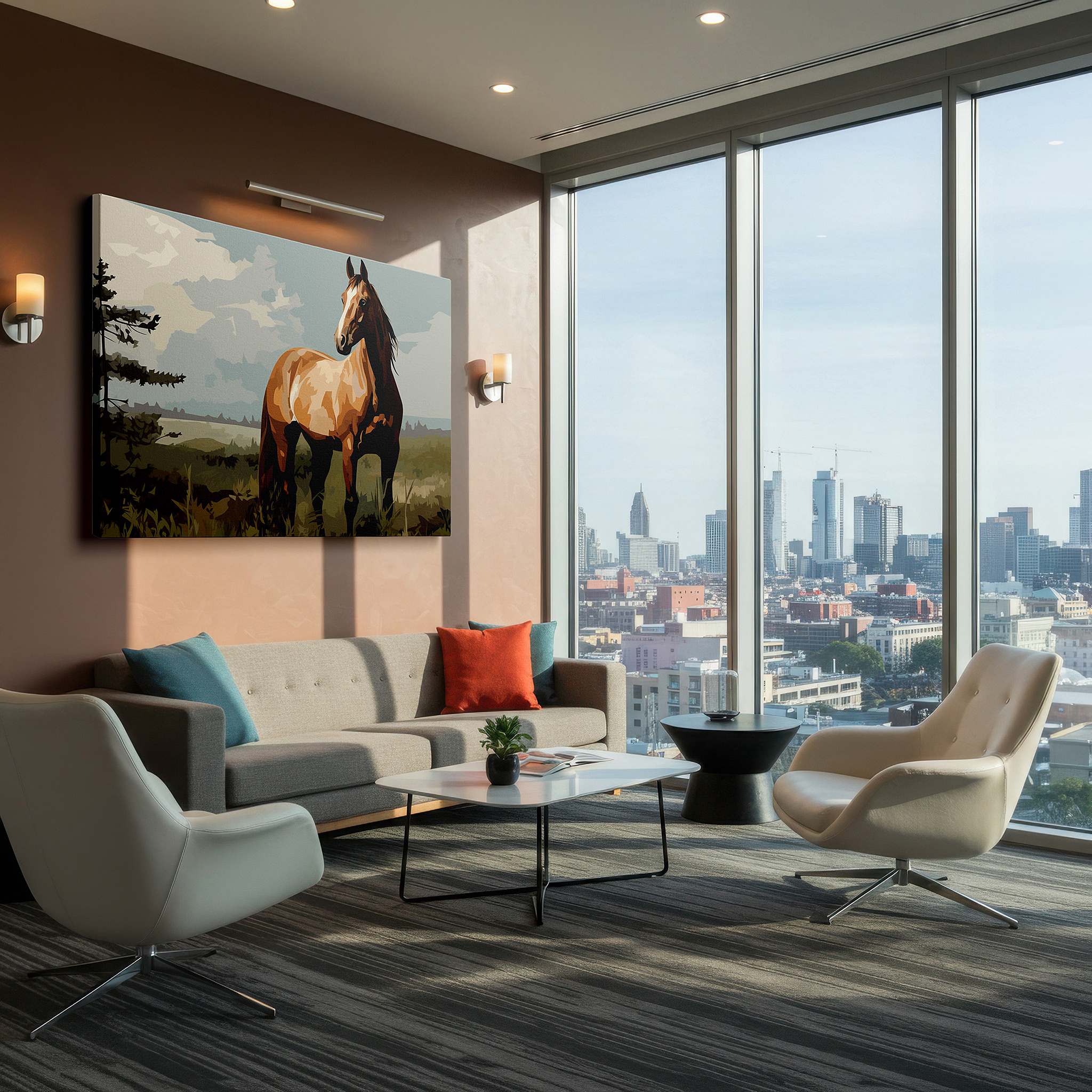 Set in a minimalist interior with textured walls and soft rugs — elegant horse in natural beauty, equine elegance and peaceful scenery large wall art, canvas wall art, wall decor, office wall art