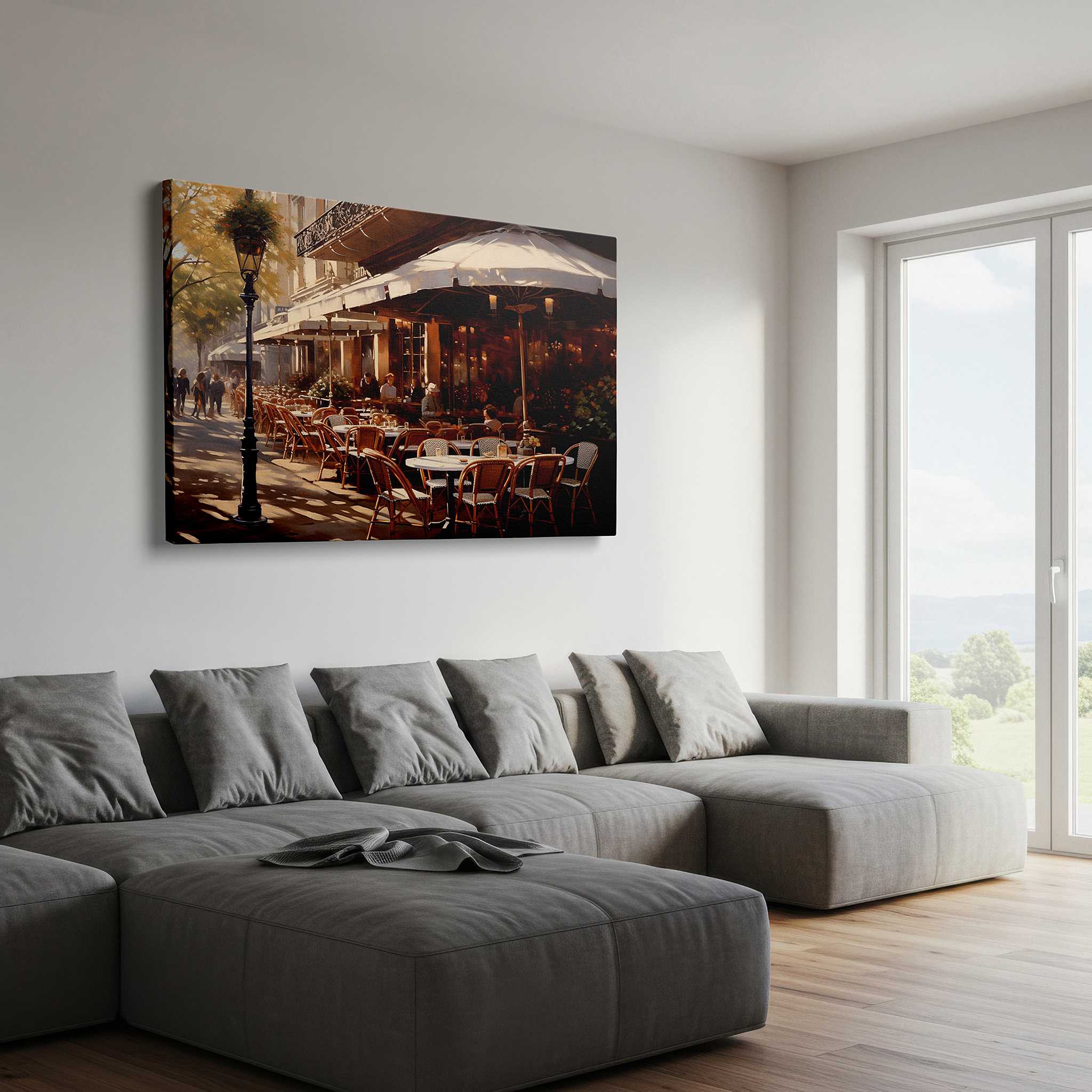 Set in a minimalist interior with textured walls and soft rugs — elegant parisian café wall art - tranquil urban oasis with lush greenery for office, bedroom, and home decor