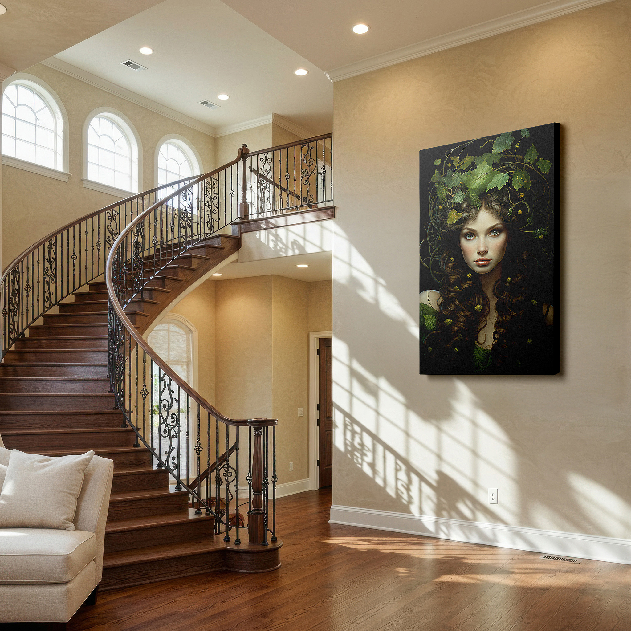 Set in a minimalist interior with textured walls and soft rugs — ethereal beauty and nature's embrace: earthy tones large wall art, canvas wall art, wall decor for office, bedroom, and living room