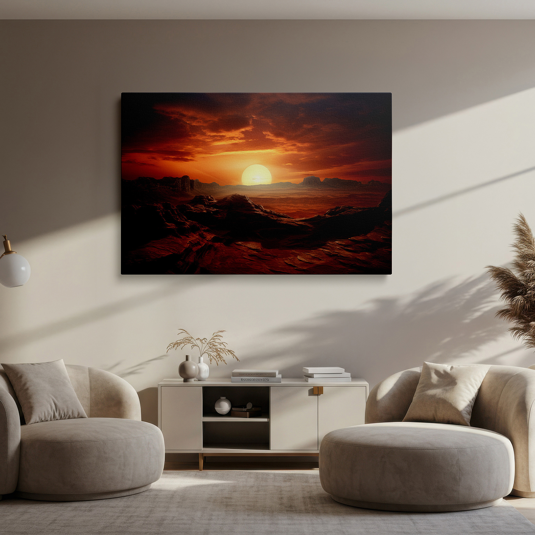 Set in a minimalist interior with textured walls and soft rugs — ethereal dusk light over rugged landscape captures nature's dramatic beauty large wall art, canvas wall art, wall art decor, office wall art, bedroom wall art