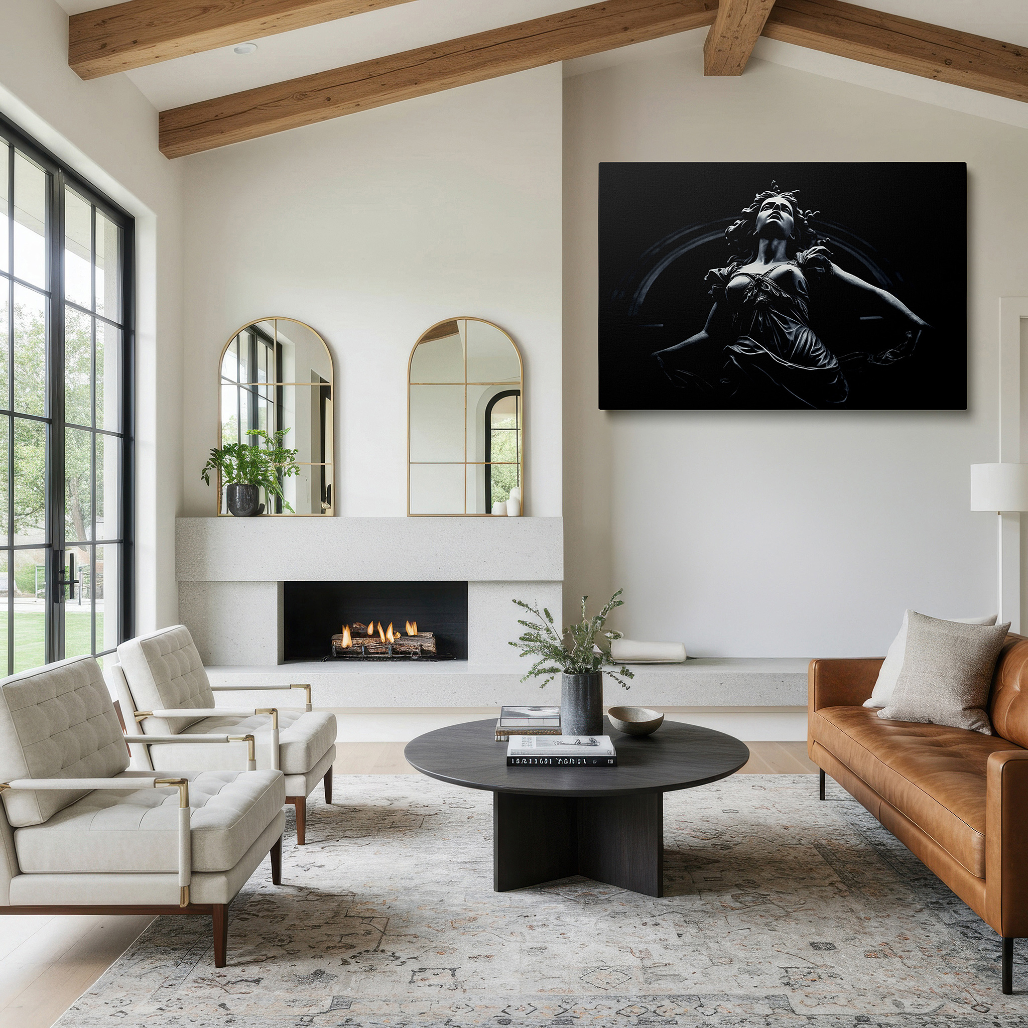 Set in a minimalist interior with textured walls and soft rugs — ethereal statue in motion: a dance of light and shadow amidst darkness - large canvas wall art for office and bedroom decor
