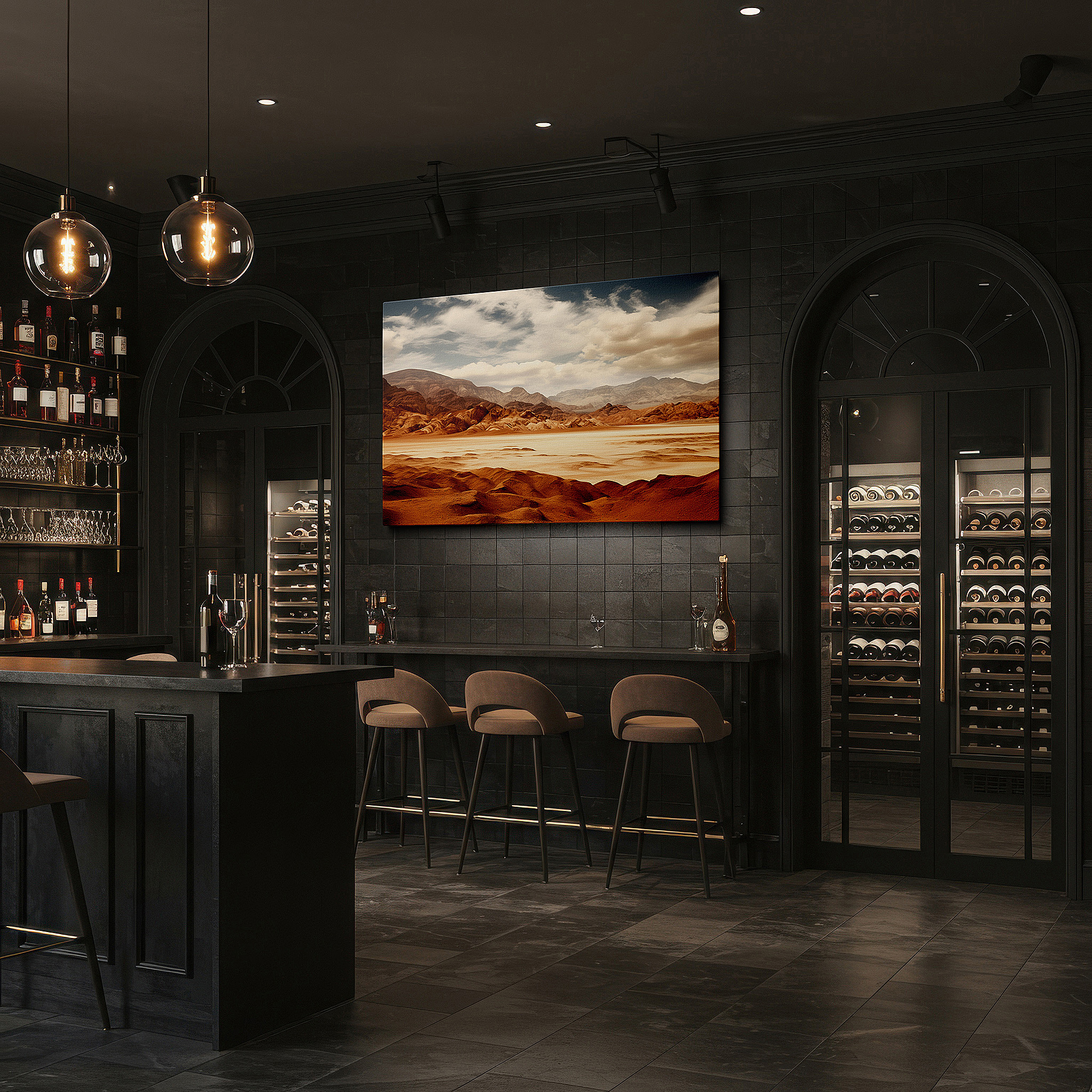 Set in a minimalist interior with textured walls and soft rugs — expansive desert and mountain landscape with dramatic sky - large canvas wall art for office and bedroom decor