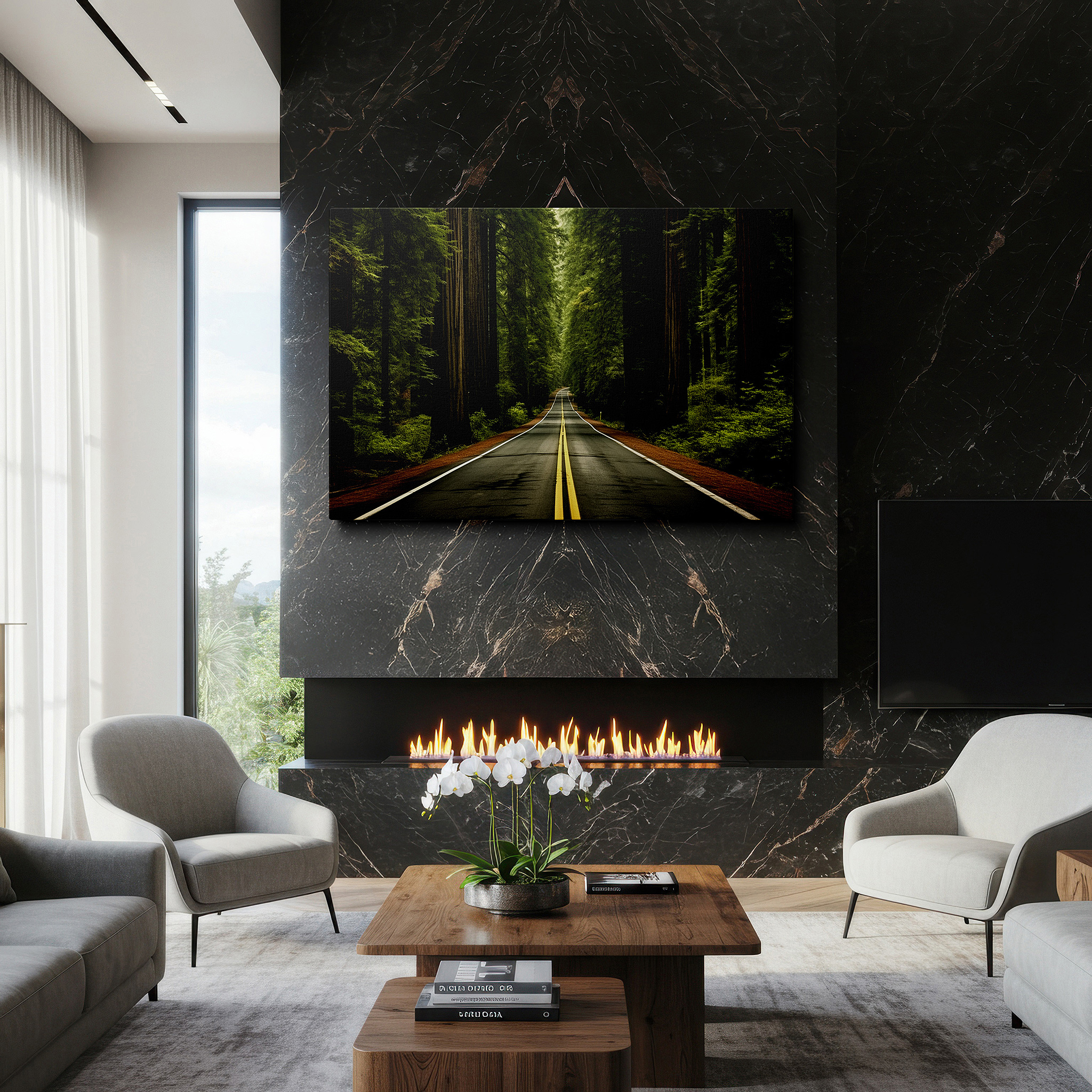 Set in a minimalist interior with textured walls and soft rugs — explore the majestic redwoods: serene forest path - large wall art, canvas wall art, wall decor for office and bedroom