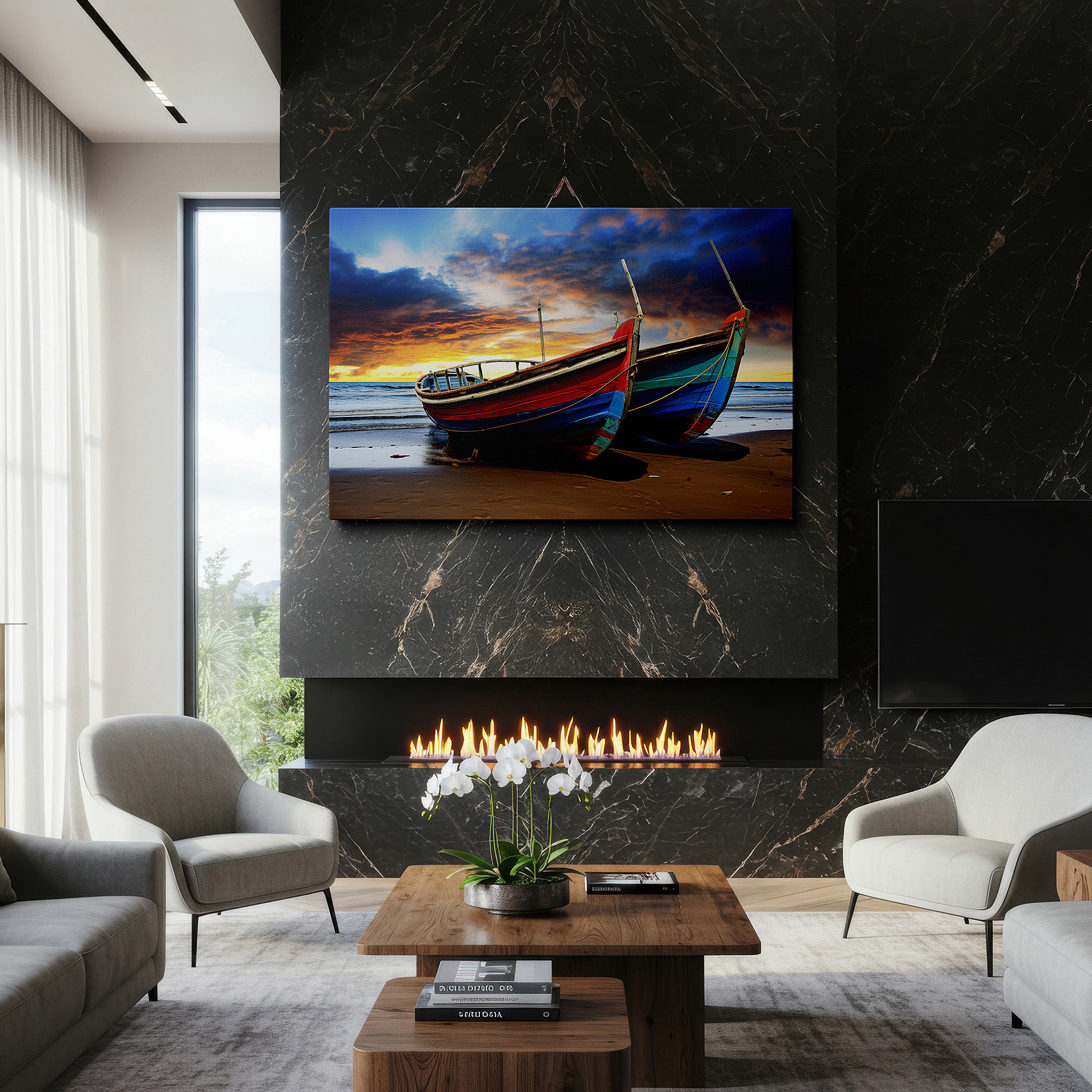 Set in a minimalist interior with textured walls and soft rugs — fiery sunset over abandoned boats, serene beachscape reflecting time - large canvas wall art for office and bedroom decor