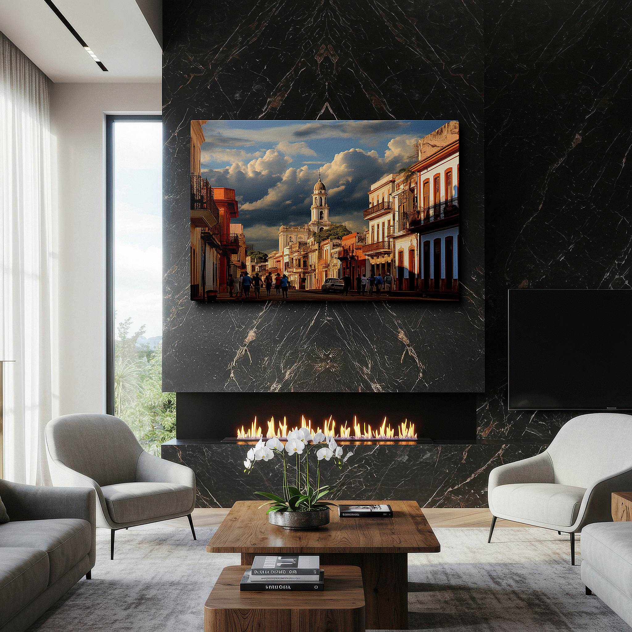 Set in a minimalist interior with textured walls and soft rugs — golden hour in a historic cuban town: vibrant street scene and architectural majesty - large canvas wall art for office decor