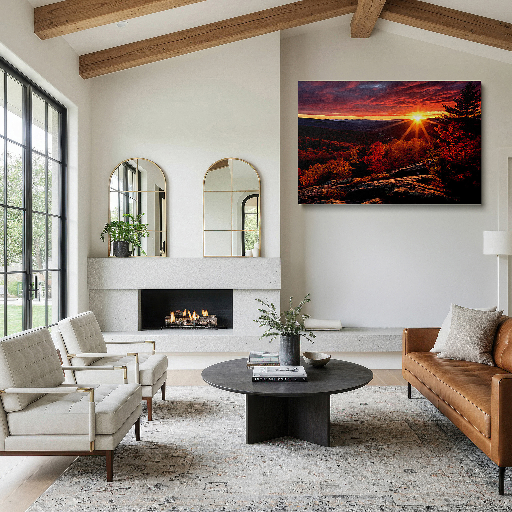 Set in a minimalist interior with textured walls and soft rugs — golden hour sunset over majestic mountains amidst autumn's vibrant tapestry large wall art, canvas wall art, wall art decor, office wall art, bedroom wall art