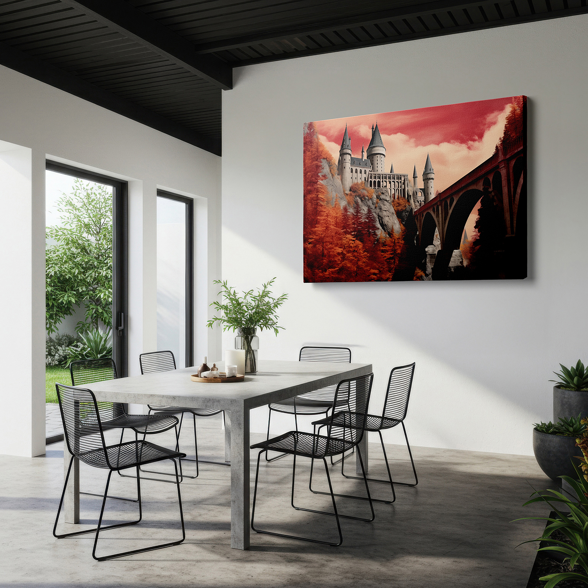 Set in a minimalist interior with textured walls and soft rugs — grand castle on rocky cliffs beneath a crimson sky, symbolizing grandeur and mystical worlds, large canvas wall art for office decor
