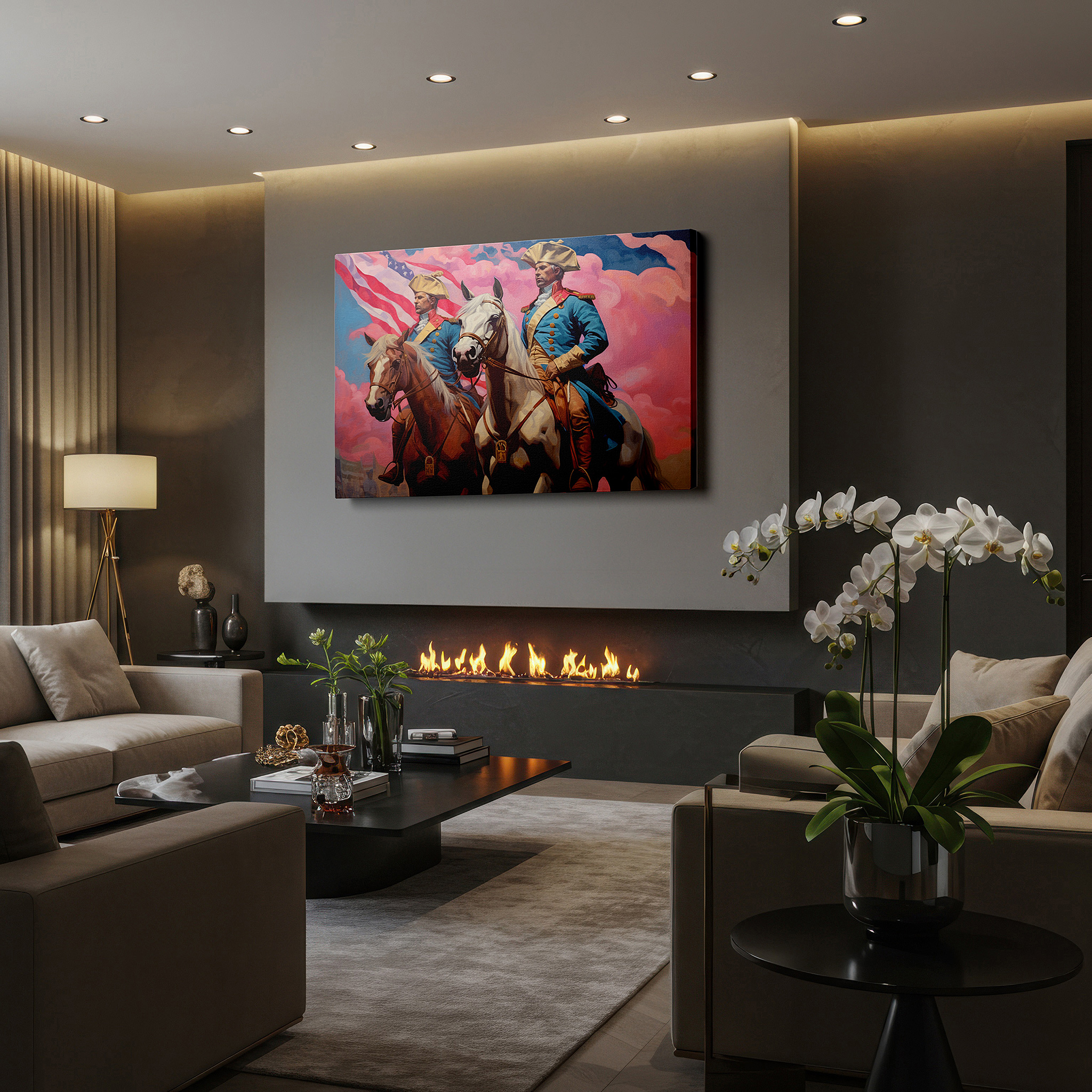 Set in a minimalist interior with textured walls and soft rugs — historical leaders on horseback at dawn: a representation of leadership and valor - large canvas wall art for office and bedroom decor