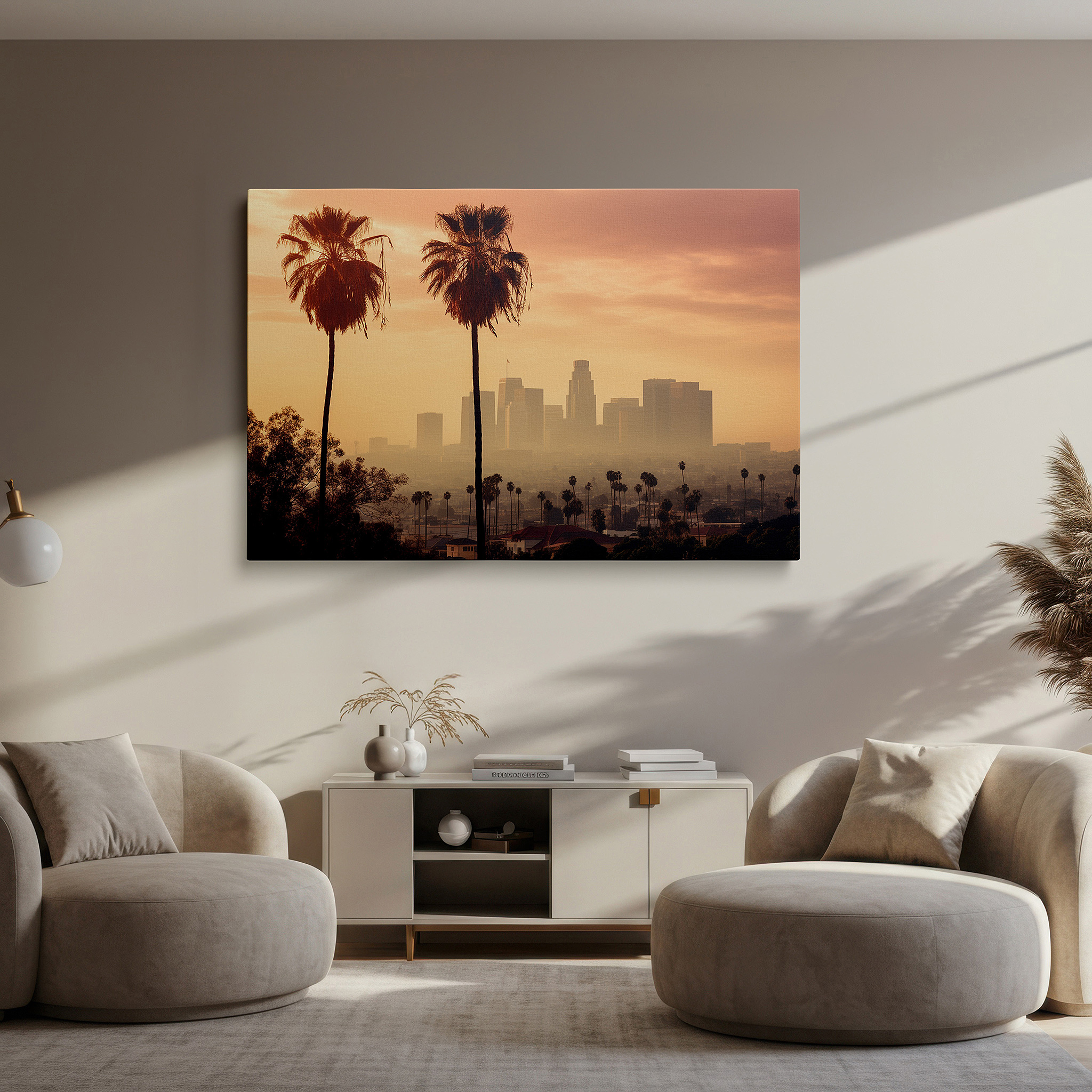 Set in a minimalist interior with textured walls and soft rugs — los angeles sunset wall art: serene city and nature fusion - large canvas for home and office decor, perfect for living room and bedroom