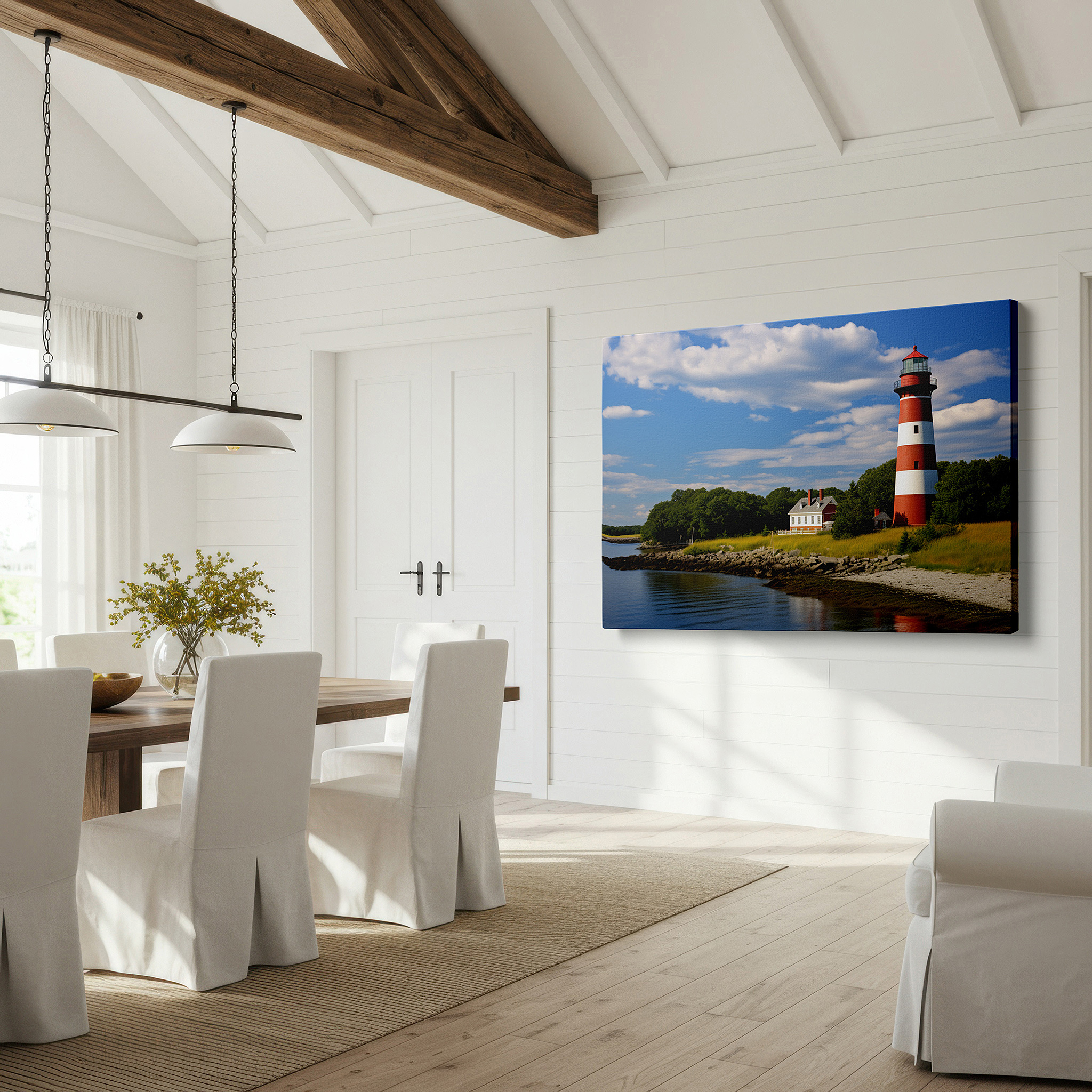 Set in a minimalist interior with textured walls and soft rugs — luminous lighthouse by tranquil waters surrounded by verdant foliage under a bright morning sky - large canvas wall art for home and office decor