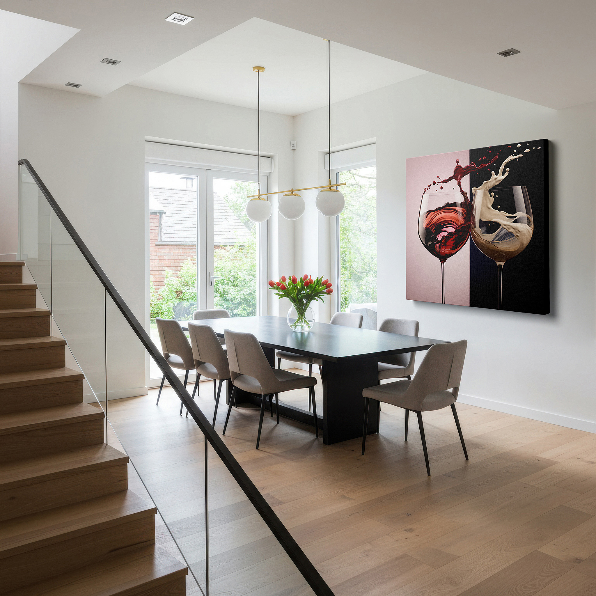 Set in a minimalist interior with textured walls and soft rugs — luxury toast wall art - rich red and creamy white celebratory splashes, large canvas wall art for office and bedroom decor
