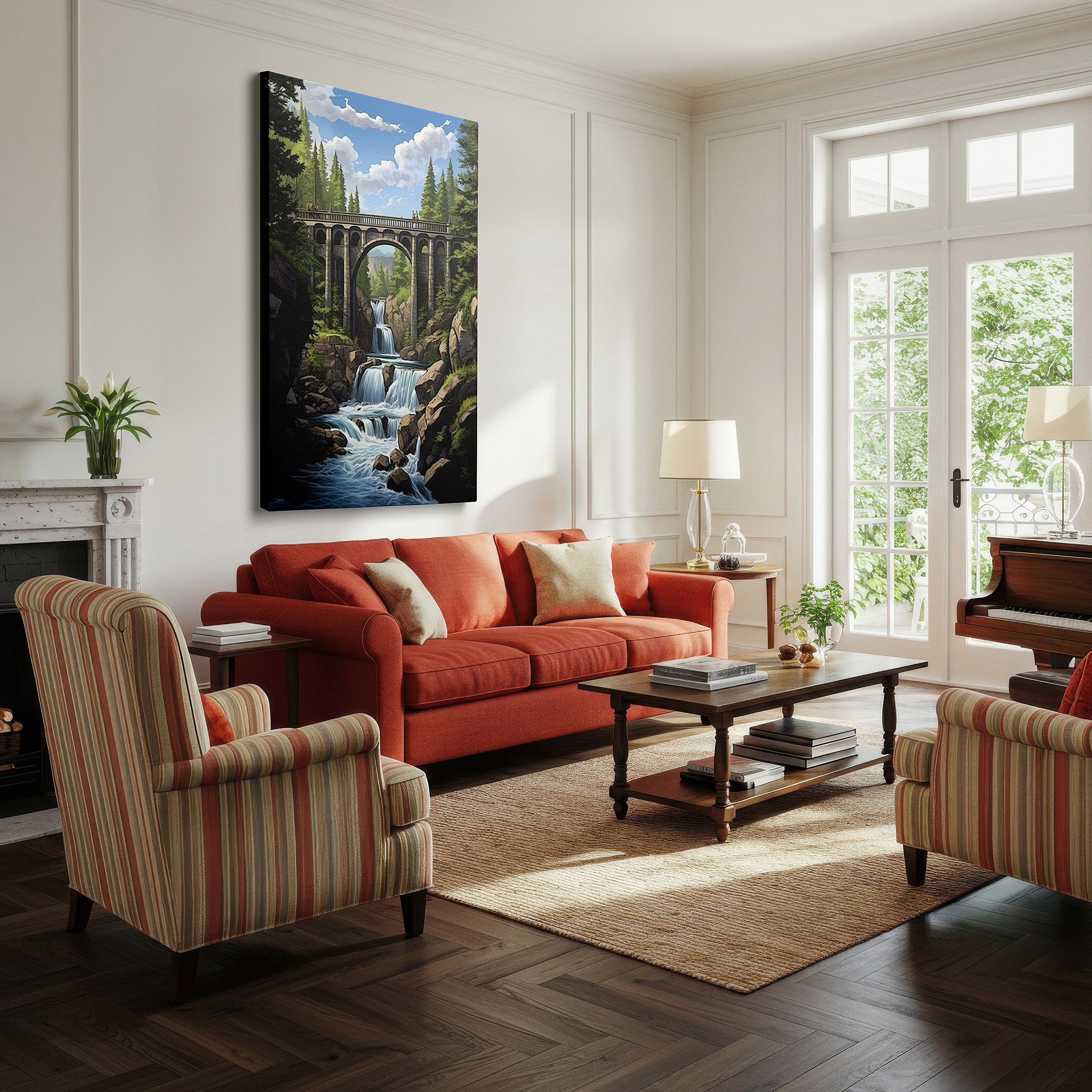 Set in a minimalist interior with textured walls and soft rugs — majestic bridge and cascading waterfalls wall art, large canvas print, nature and craftsmanship themed office decor