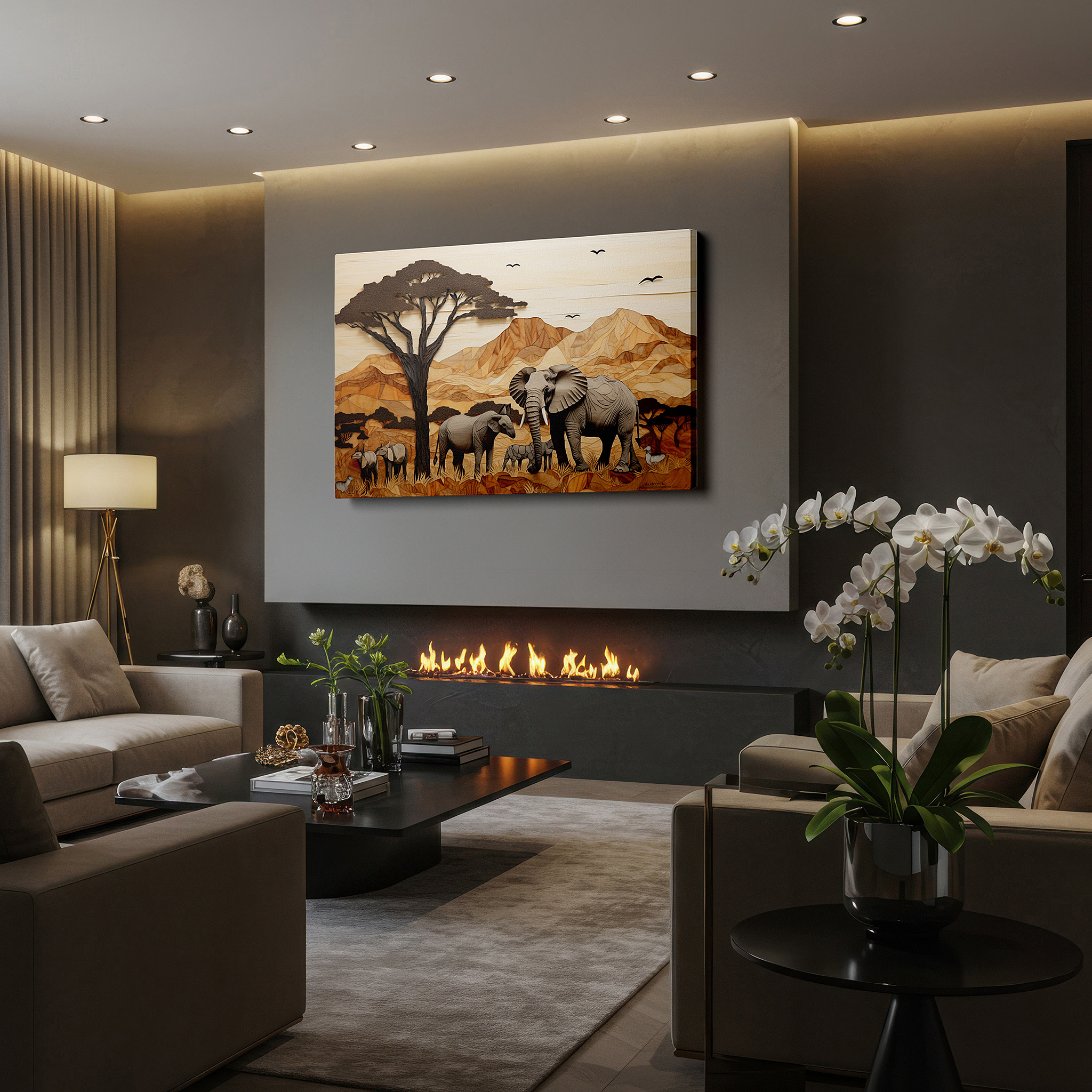 Set in a minimalist interior with textured walls and soft rugs — majestic elephants among green mountains and dense trees, serene family carved wood scene, large wall art, canvas wall art, wall decor for office