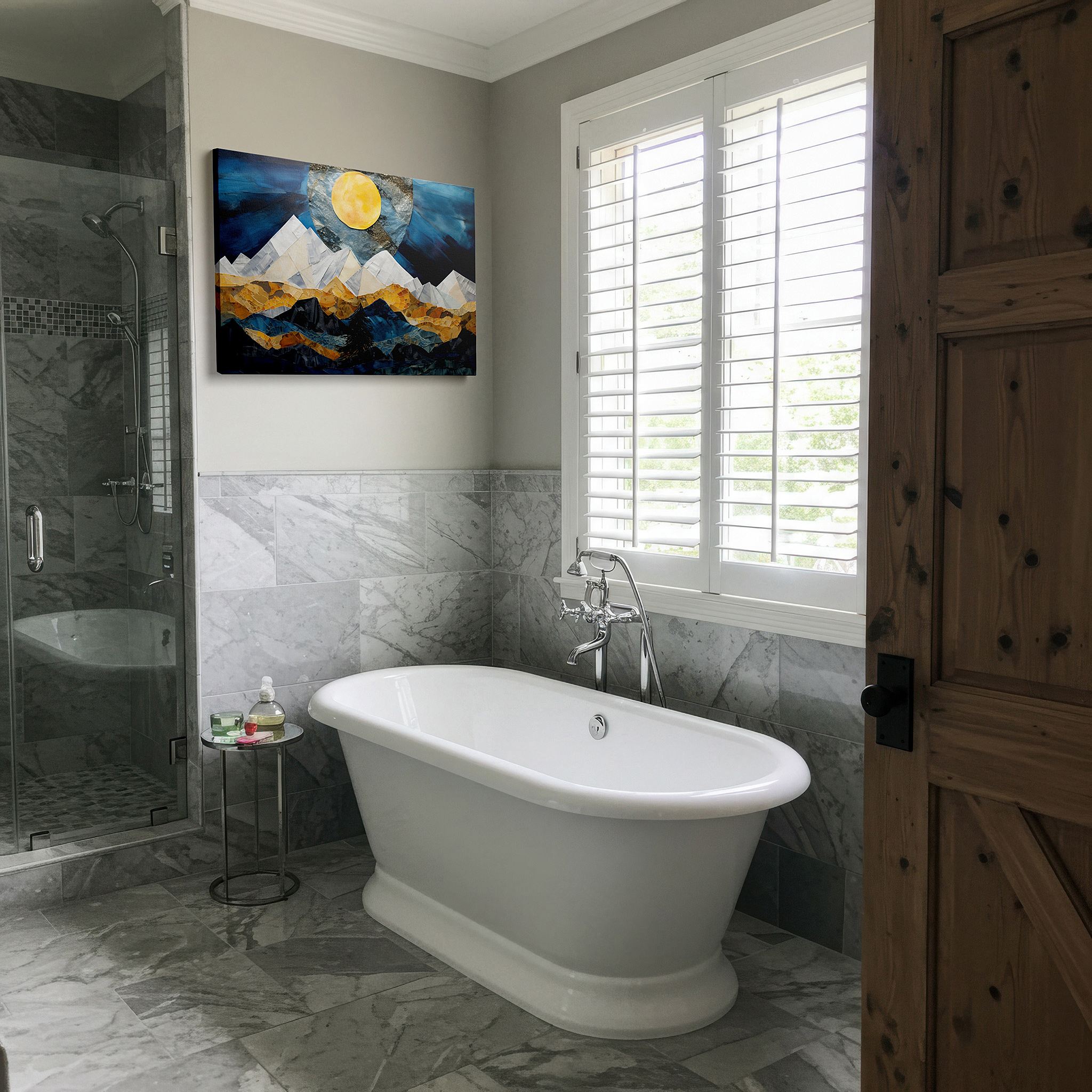 Set in a minimalist interior with textured walls and soft rugs — majestic mountains beneath a radiant moon, enchanting night scene illuminated by ethereal light, large wall art, canvas wall art, wall decor, office wall art