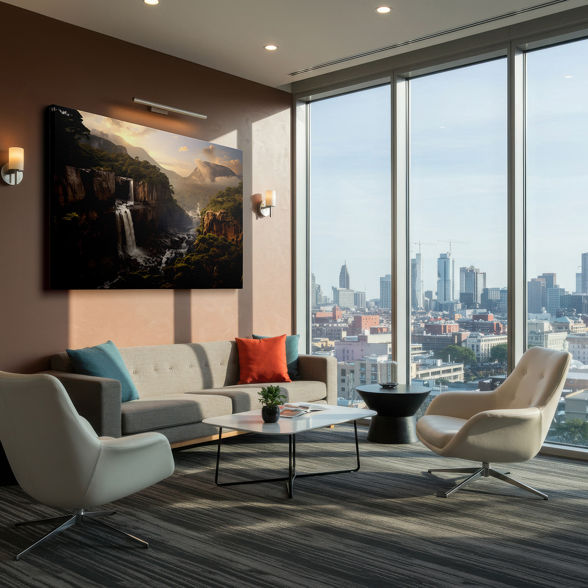 Set in a minimalist interior with textured walls and soft rugs — majestic waterfall flowing through verdant jungle, serene pool beneath, large canvas wall art, wall decor for office and bedroom