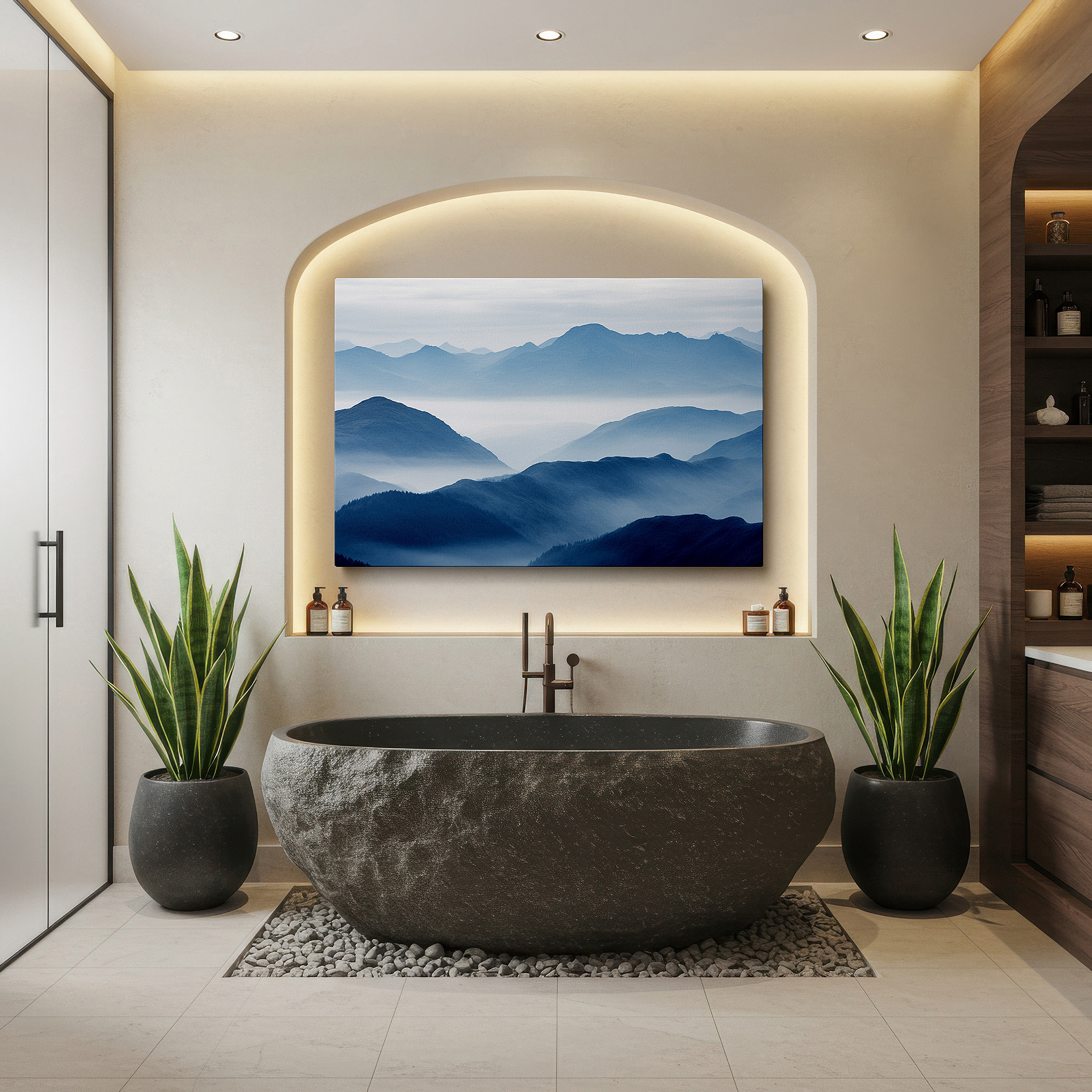 Set in a minimalist interior with textured walls and soft rugs — misty mountain serenity: symphony of blue hues large canvas wall art for office, bedroom, and living room decor