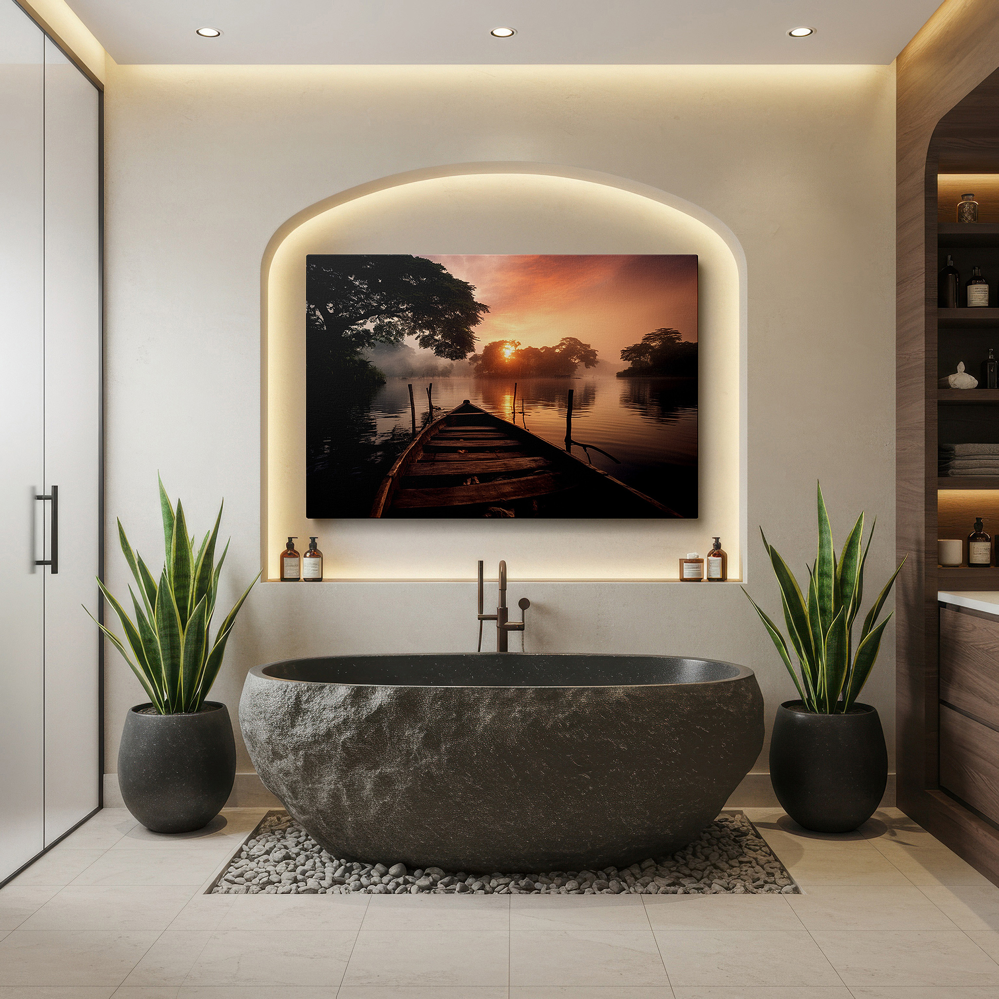 Set in a minimalist interior with textured walls and soft rugs — misty sunrise over tranquil lake featuring rustic boat and ethereal light - large canvas wall art for office and bedroom decor