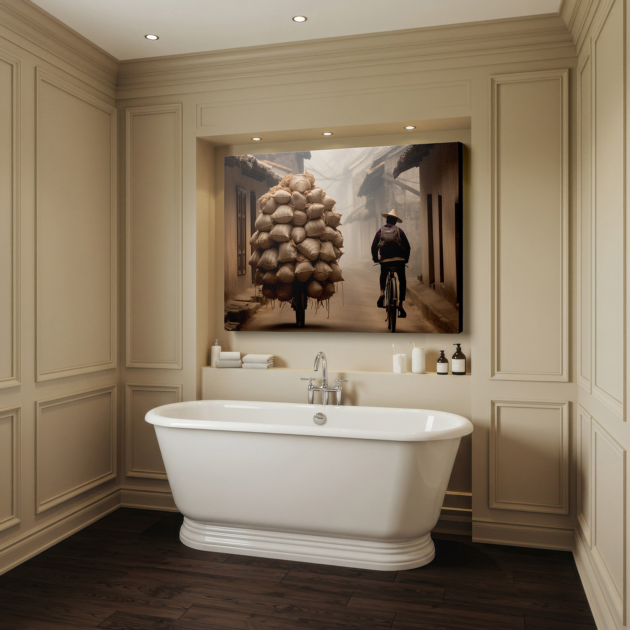 Set in a minimalist interior with textured walls and soft rugs — misty village street scene with determined cyclist wall art, canvas decor for office, bedroom, and living room