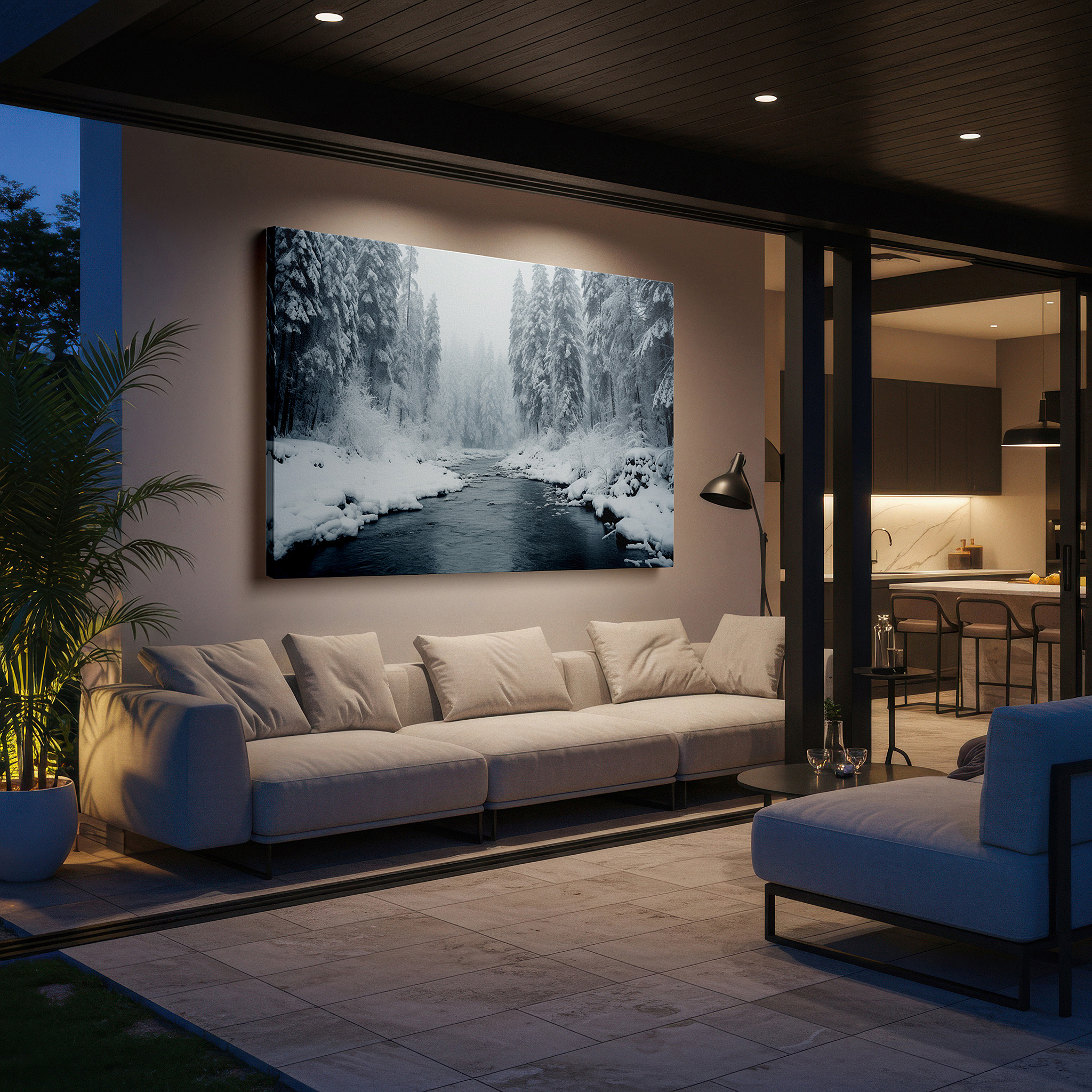 Set in a minimalist interior with textured walls and soft rugs — misty winter scene with foggy river and snow-covered pines large wall art, canvas wall art, wall decor for office and bedroom