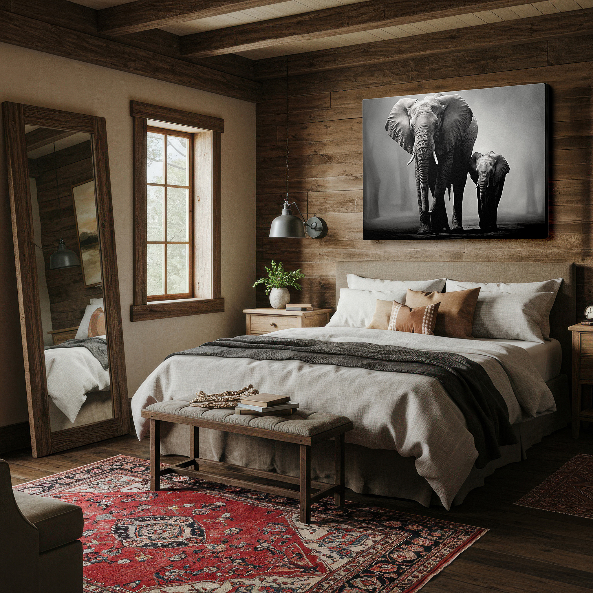 Set in a minimalist interior with textured walls and soft rugs — monochrome majestic elephants: celebrating family ties and conservation - large wall art, canvas wall art, wall decor for offices
