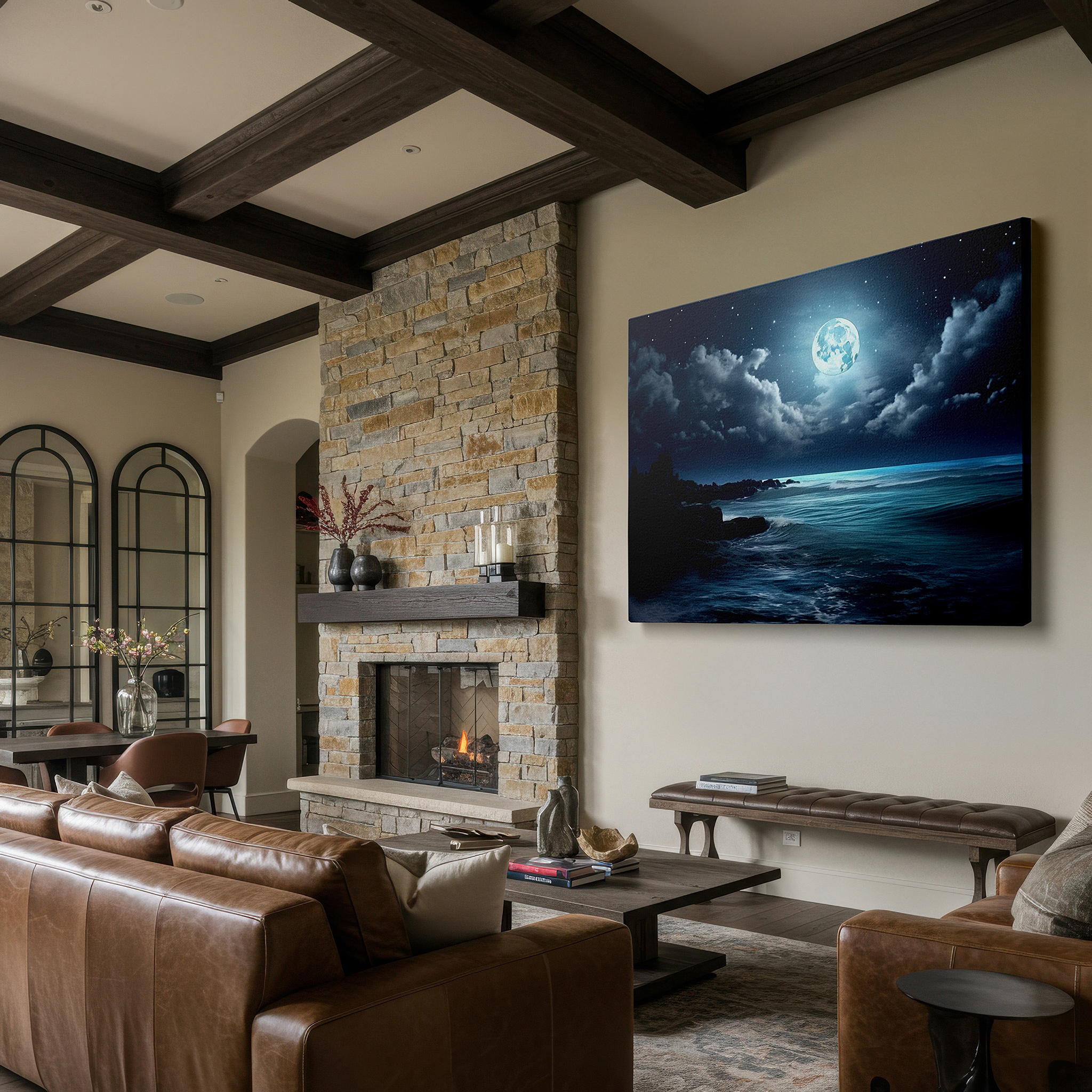 Set in a minimalist interior with textured walls and soft rugs — moonlit ocean majesty: tranquil waves and rocky shores beneath a starry sky - large wall art, canvas wall art, wall decor for office and bedroom