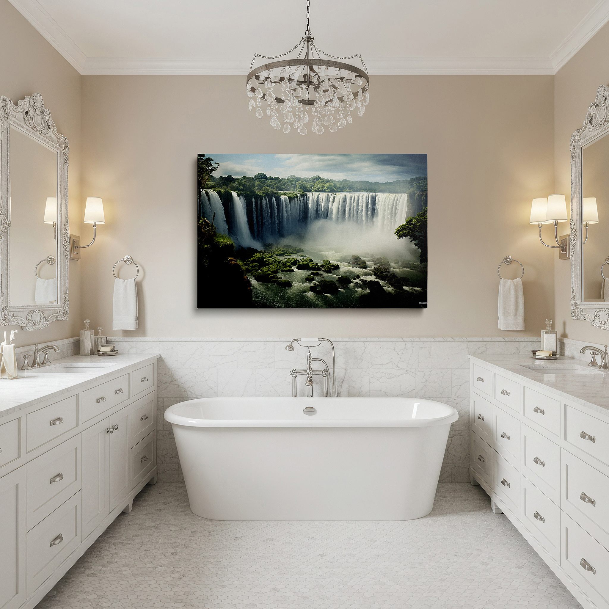 Set in a minimalist interior with textured walls and soft rugs — moss-covered cliffs and hidden waterfalls: a tranquil symphony of water and greenery large wall art, canvas wall art, wall decor for offices
