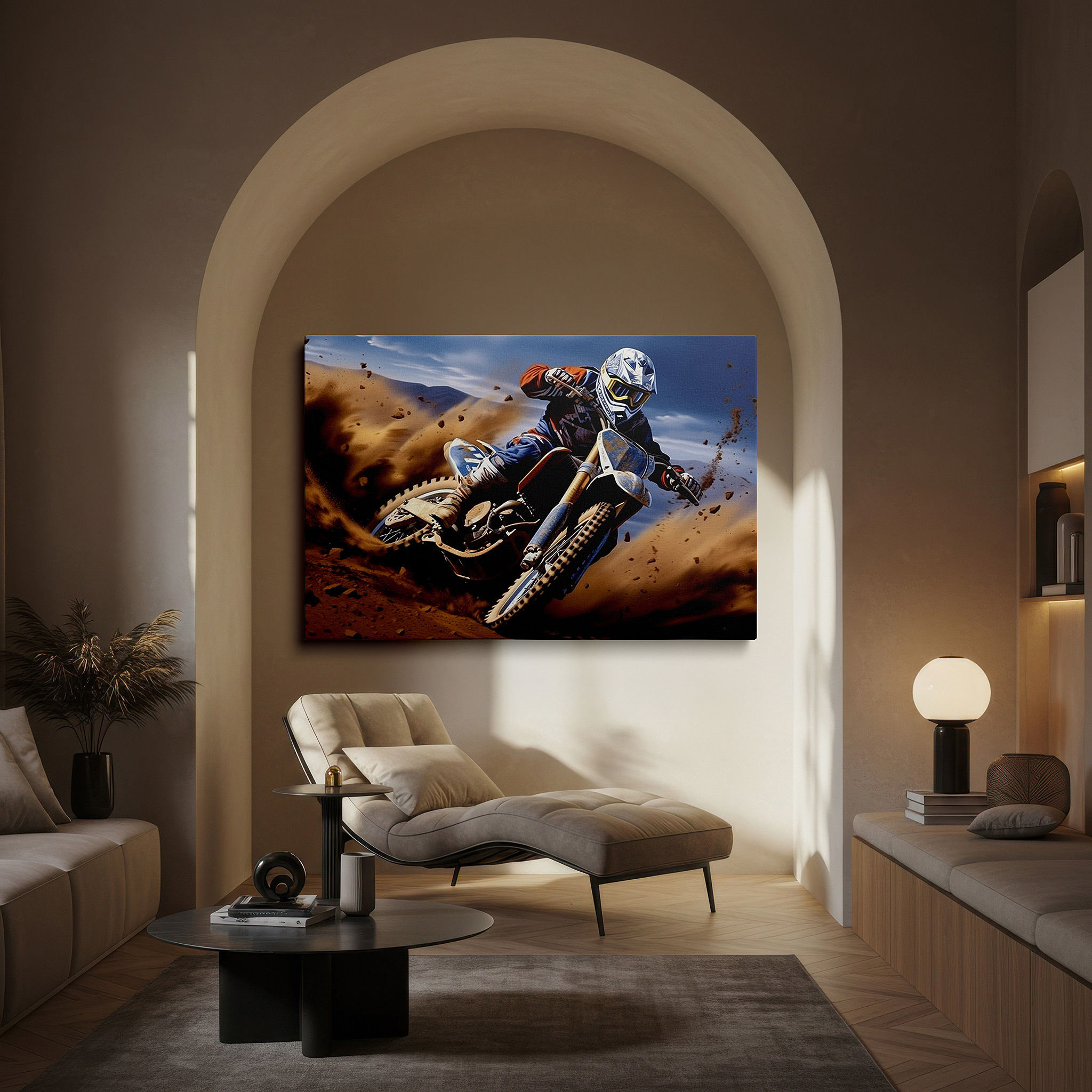 Set in a minimalist interior with textured walls and soft rugs — motocross racer wall art: dynamic scene with swirling dust, symbolizing motion and excitement - large canvas for home or office decor