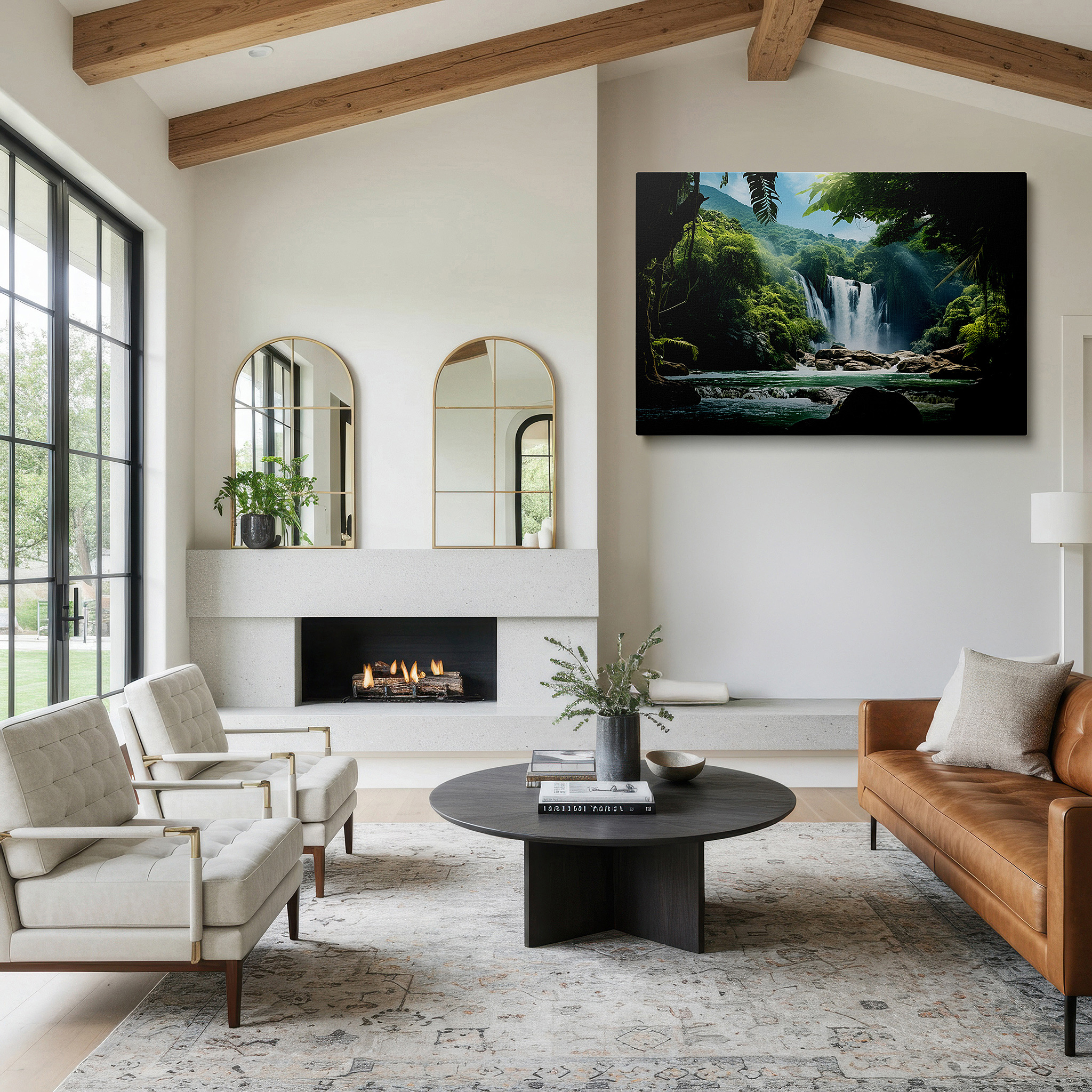 Set in a minimalist interior with textured walls and soft rugs — mystical jungle and majestic waterfall large canvas wall art for office, bedroom, and living room decor