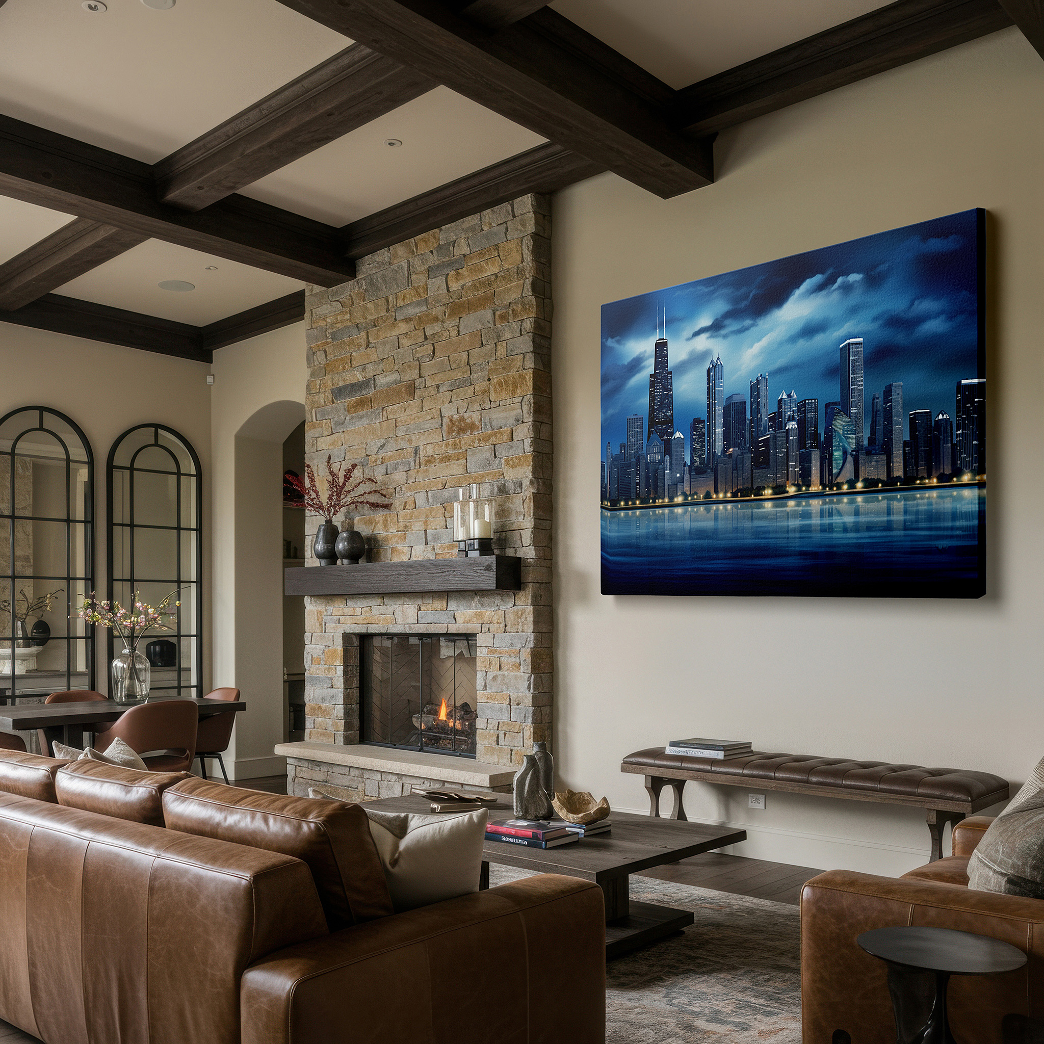 Set in a minimalist interior with textured walls and soft rugs — nighttime city skyline - modern urban light and reflection tapestry, large canvas wall art for office and bedroom decor