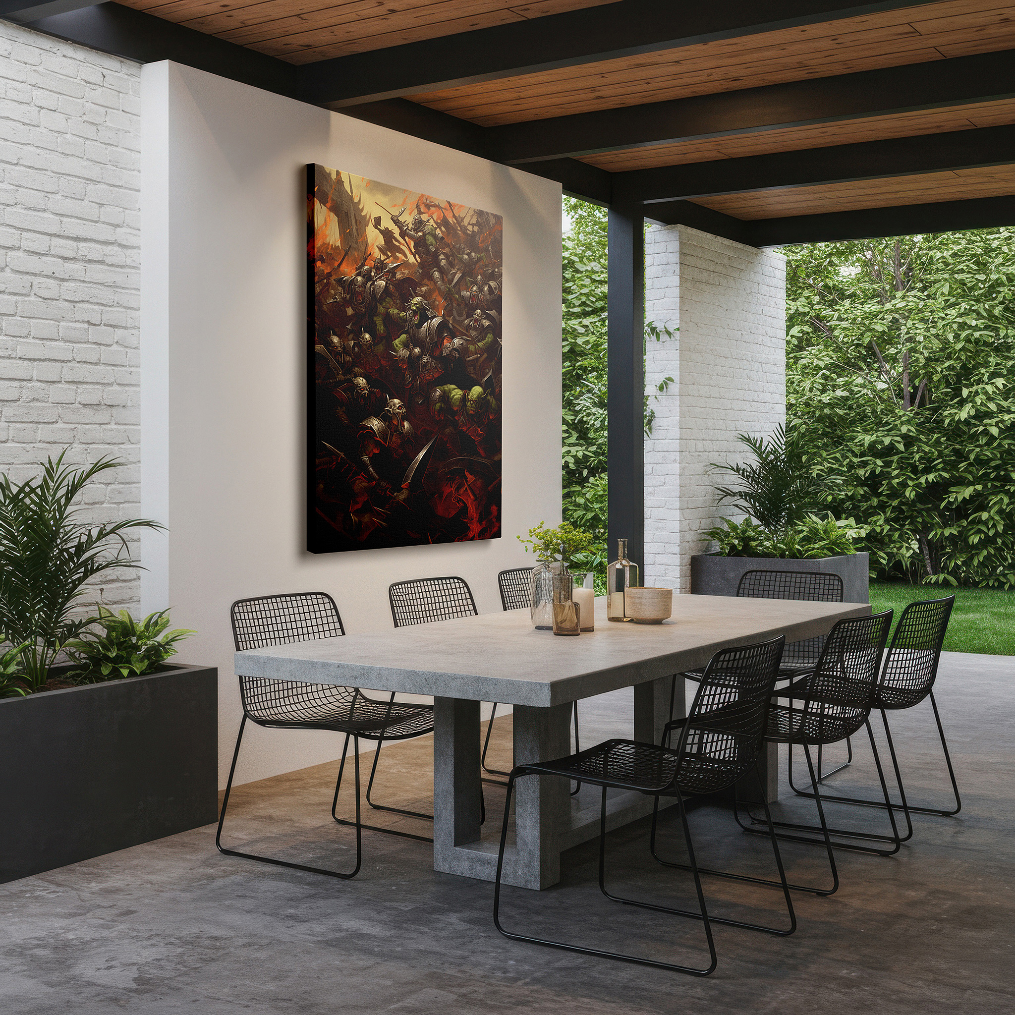 Set in a minimalist interior with textured walls and soft rugs — orc warriors epic battle large canvas wall art - mythical inferno theme for office, bedroom, and living room decor