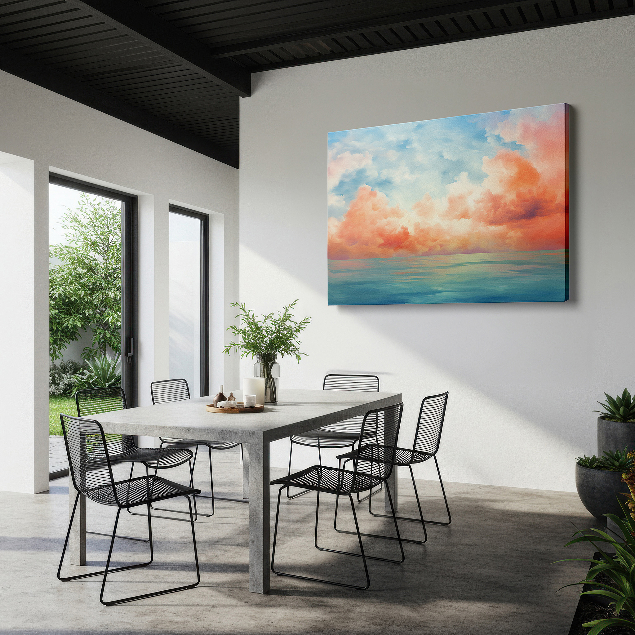 Set in a minimalist interior with textured walls and soft rugs — pastel tones of serene sky and water, perfect for tranquil reflection and calm - large wall art, canvas wall art, wall decor for office and bedroom