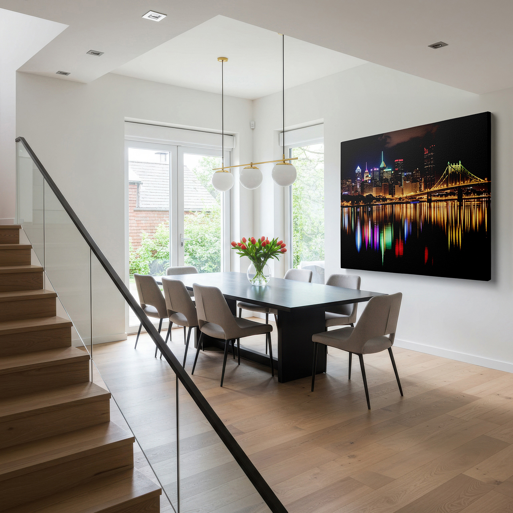 Set in a minimalist interior with textured walls and soft rugs — pittsburgh's enchanting nighttime skyline: a tribute to urban life and architectural diversity - large canvas wall art decor