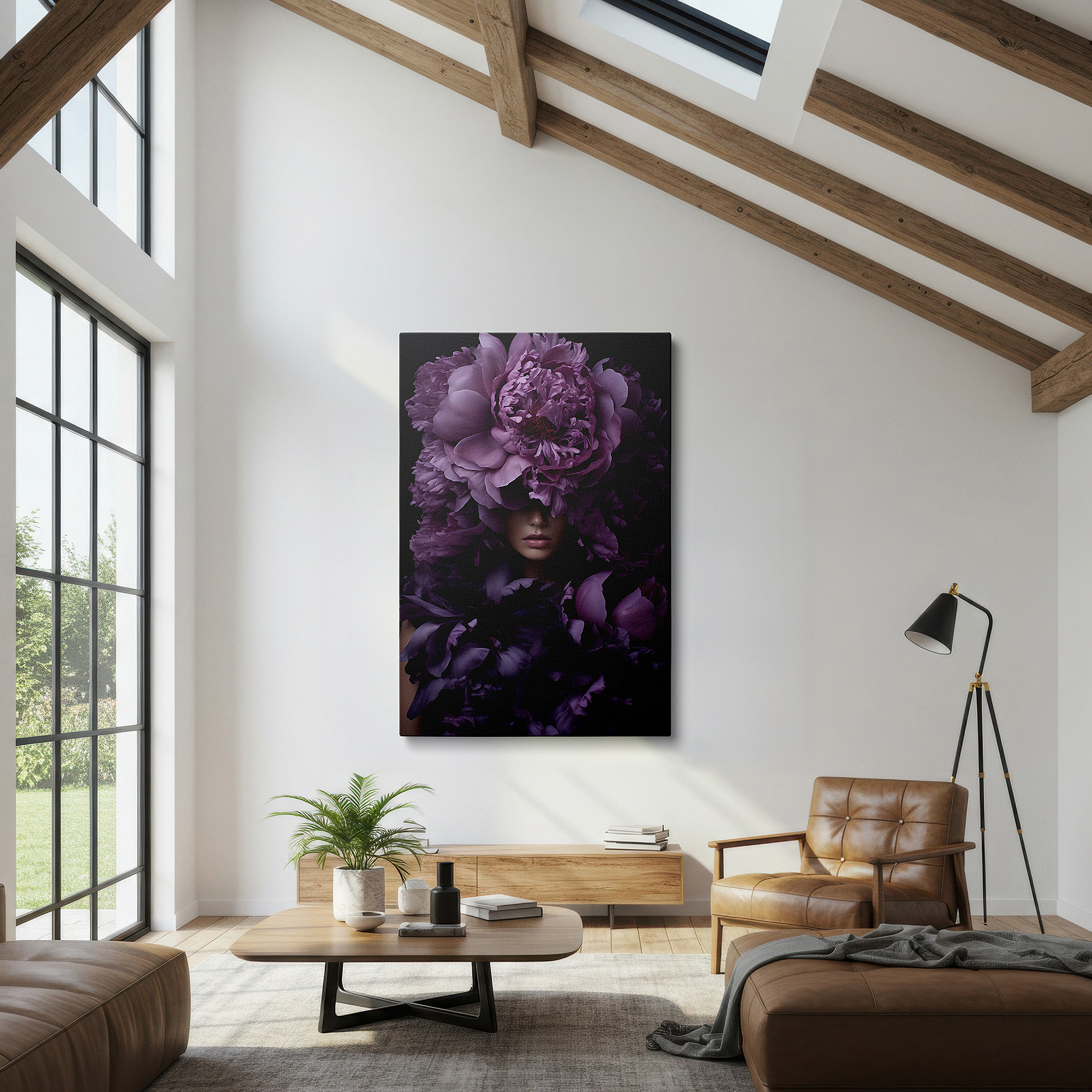 Set in a minimalist interior with textured walls and soft rugs — purple peonies and serene model with floral crown large wall art, canvas wall art, wall decor for office and bedroom