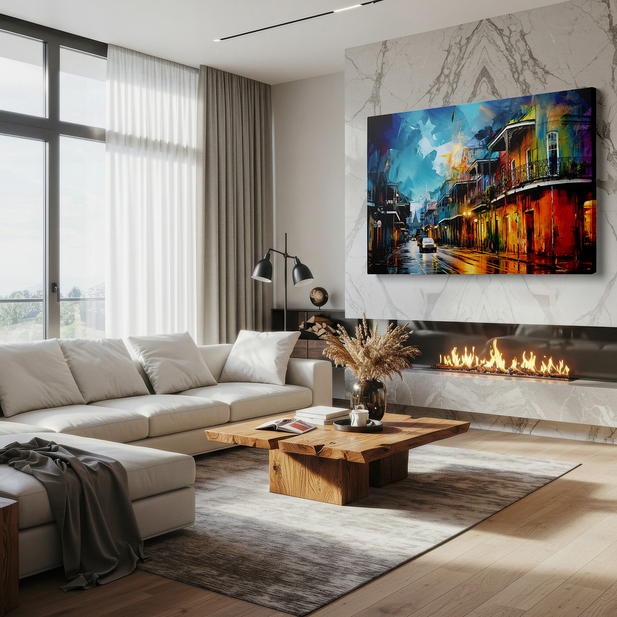 Set in a minimalist interior with textured walls and soft rugs — rain-drenched cityscape with reflective hues and historic buildings large wall art, canvas wall art, wall decor for office and bedroom