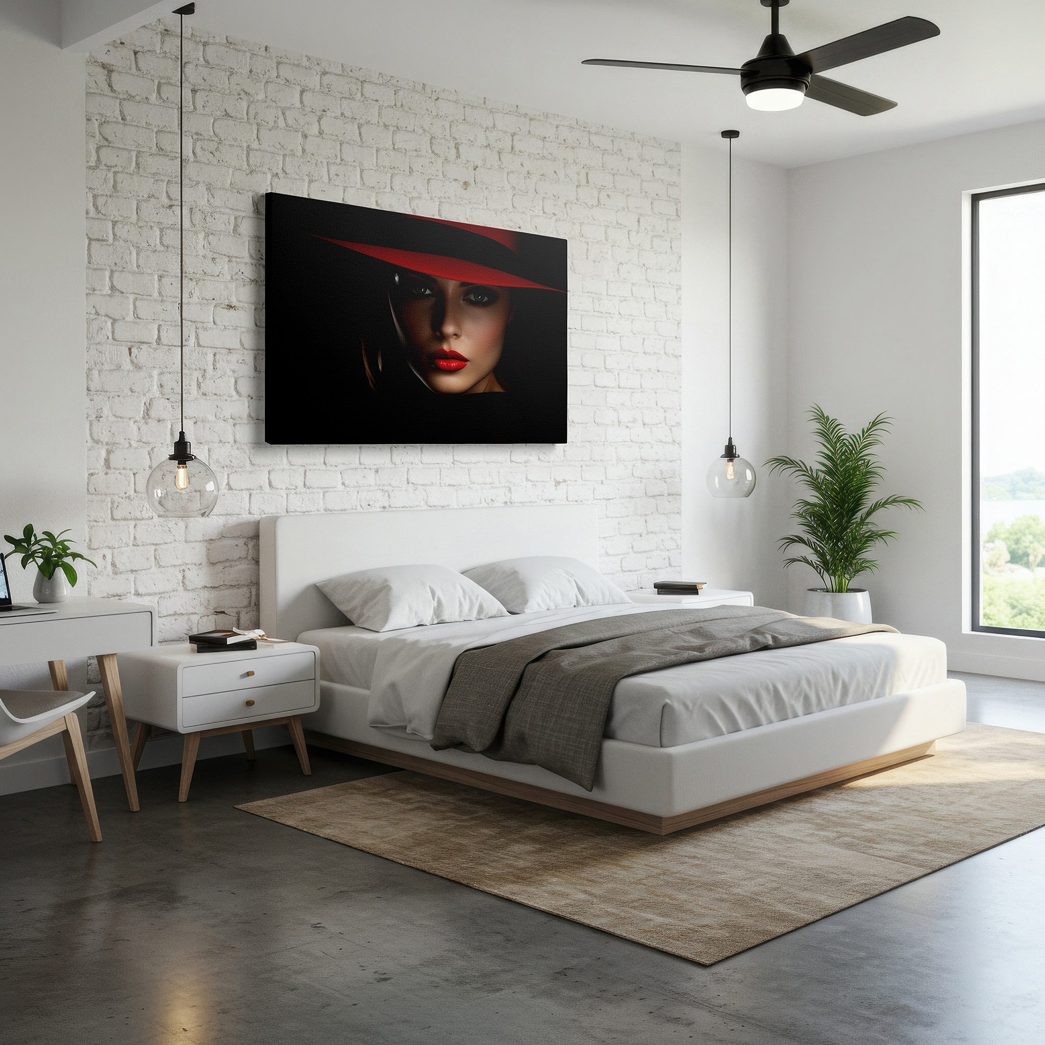 Set in a minimalist interior with textured walls and soft rugs — red glamour - sophisticated portrait with a vivid hat, large canvas wall art for office and bedroom decor