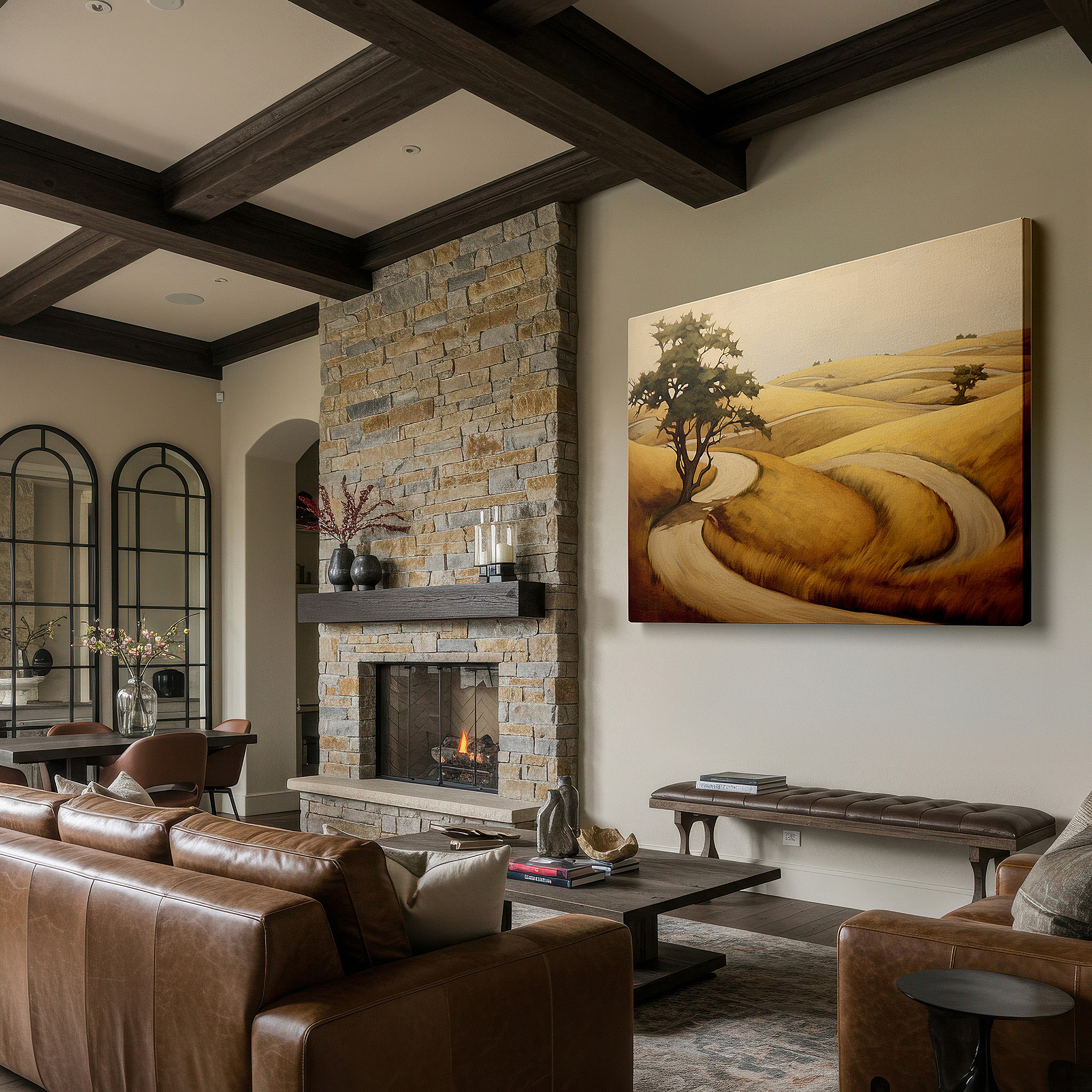 Set in a minimalist interior with textured walls and soft rugs — serene abstract landscape featuring rolling hills and a lone tree - large canvas wall art for home and office decor