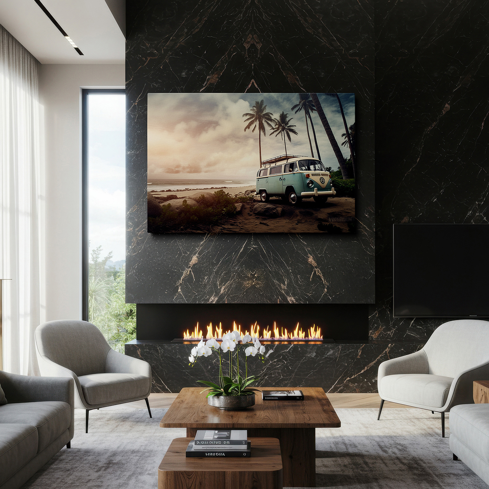 Set in a minimalist interior with textured walls and soft rugs — serene beach retreat featuring classic vw van among palm trees and ocean waves - large wall art, canvas wall art, wall decor for office and bedroom